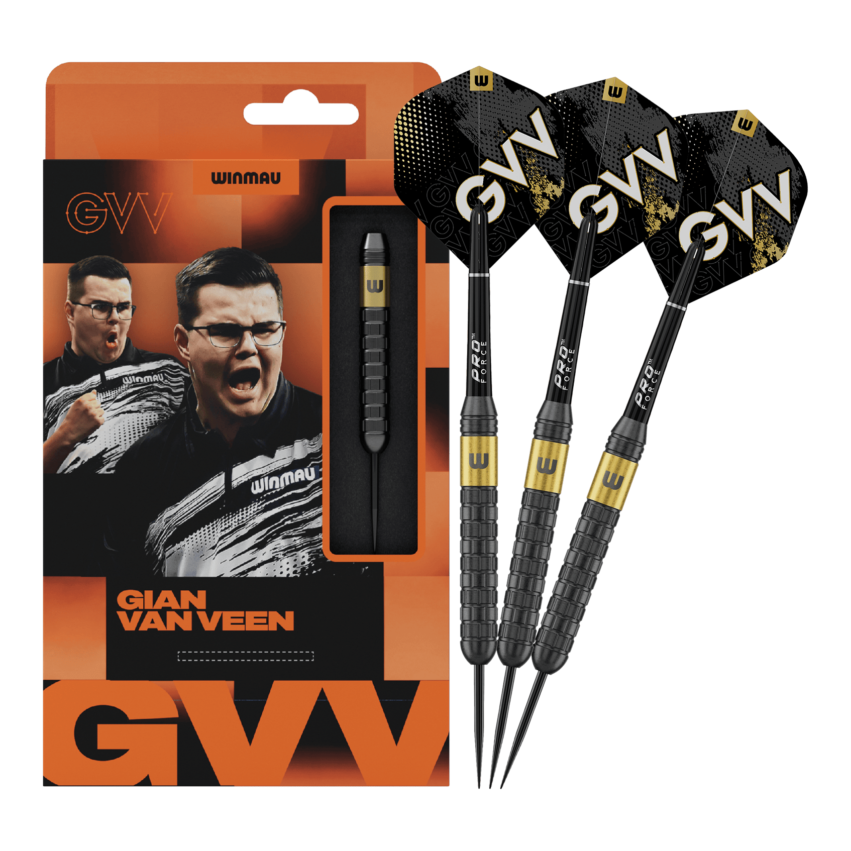 Dardos de acero Winmau Gian Van Veen Core Brass - 21 g Auf diesem Bild sieht man Winmau Gian Van Veen Core Brass Steeldarts mit 21 Gramm. Die Dartpfeile liegen nebeneinander und sind gut erkennbar.