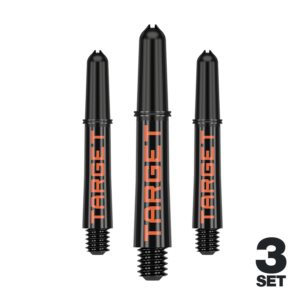 Varillas Target Pro Grip TAG - 3 juegos - Negro Naranja Auf dem Bild sind drei schwarze Dartschäfte mit orangener "TARGET"-Aufschrift zu sehen. Unten rechts steht "3 SET", was darauf hinweist, dass es sich um ein Set aus drei Stück handelt.