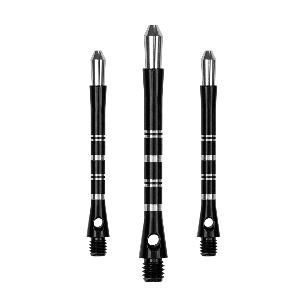 561_Target_Colette_Shafts_Schwarz_47mm_1 Das Bild zeigt drei schwarze Dartshafts der Marke Harrows Colette. Die Shafts haben silberne Akzente und ein schlankes, modernes Design.