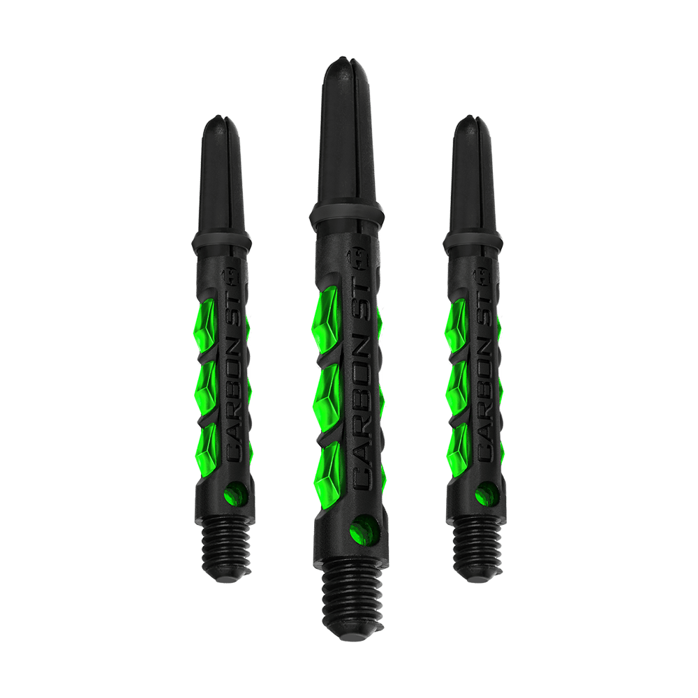 HR423_Harrows_Carbon_ST_Shafts_Gr-n_40mm_1dr8A9ag3UCSKA Harrows Carbon ST Shafts, einzeln dargestellt. Mattes Material und dezente Akzente sind sichtbar.