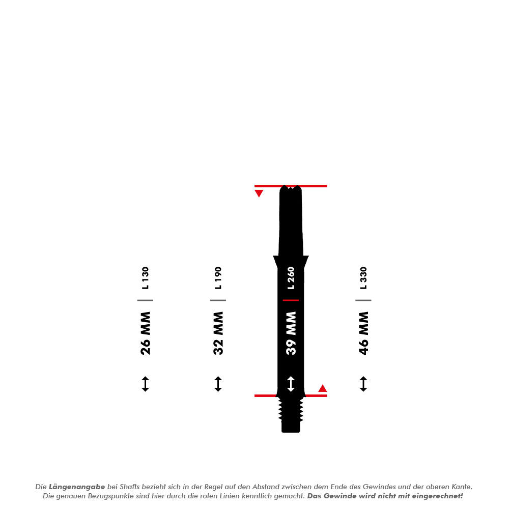 Das Bild zeigt verschiedene Längen von geraden Dartshafts, die in Millimetern angegeben sind. Die L-Shaft mit einer Länge von 39 mm ist in der Mitte hervorgehoben dargestellt.