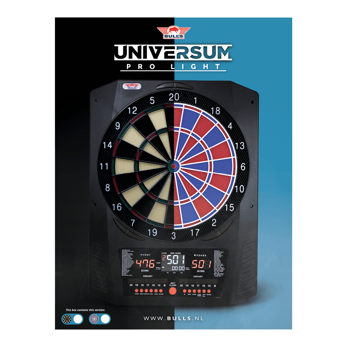 Diana electrónica Bulls NL Universum Pro Light - Azul y rojo Hier sieht man das Bulls NL Universum Pro Light Elektronisches Dartboard in den Farben Blau und Rot. Dieses Dartboard bietet viele Spieloptionen.