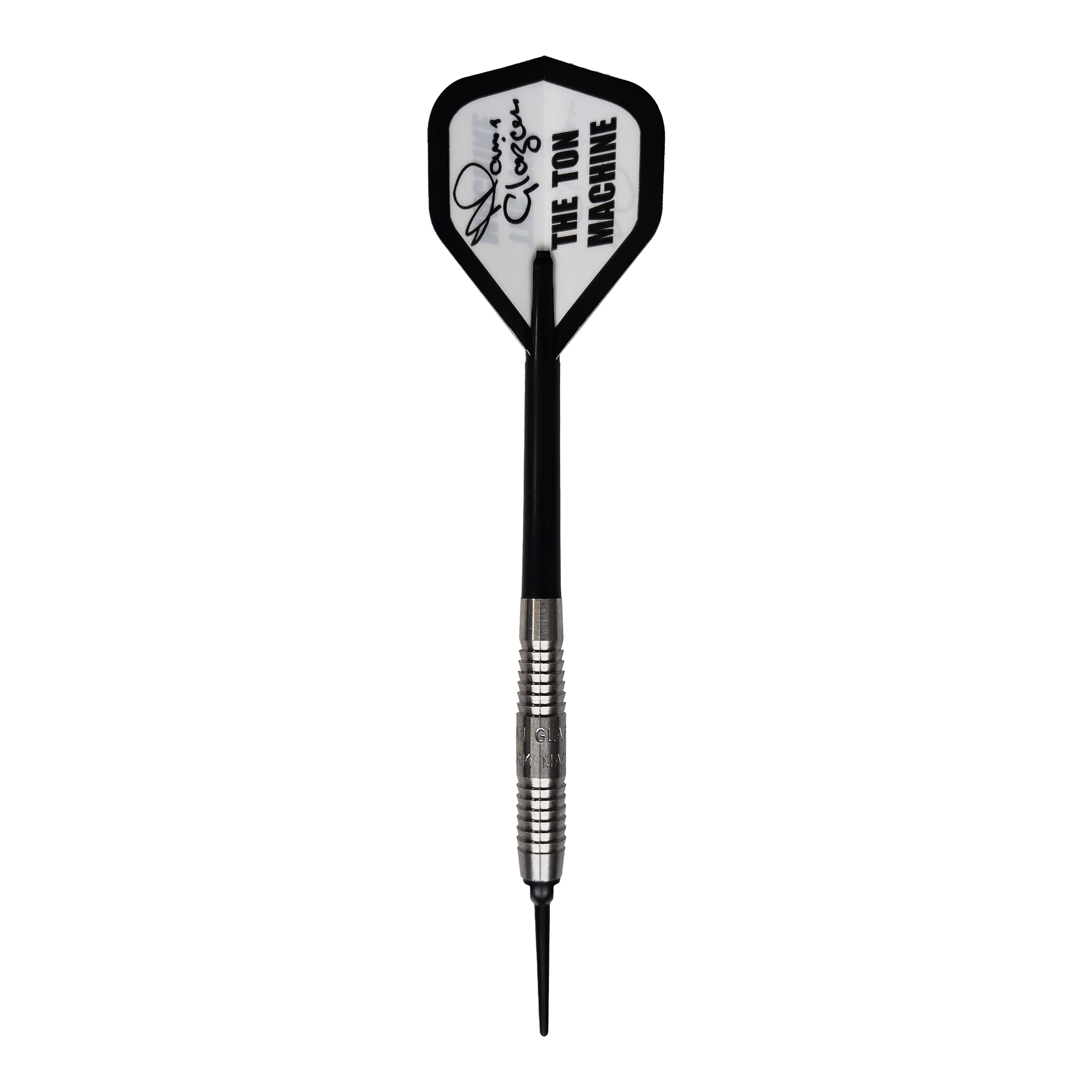 Dardos blandos McKicks Alam Glazier Shark Machine Auf dem Bild ist ein McKicks Alam Glazier Shark Machine Softdart zu sehen. Der Dartpfeil hat eine silberne Metallspitze und einen Flight mit der Aufschrift "THE TON MACHINE".