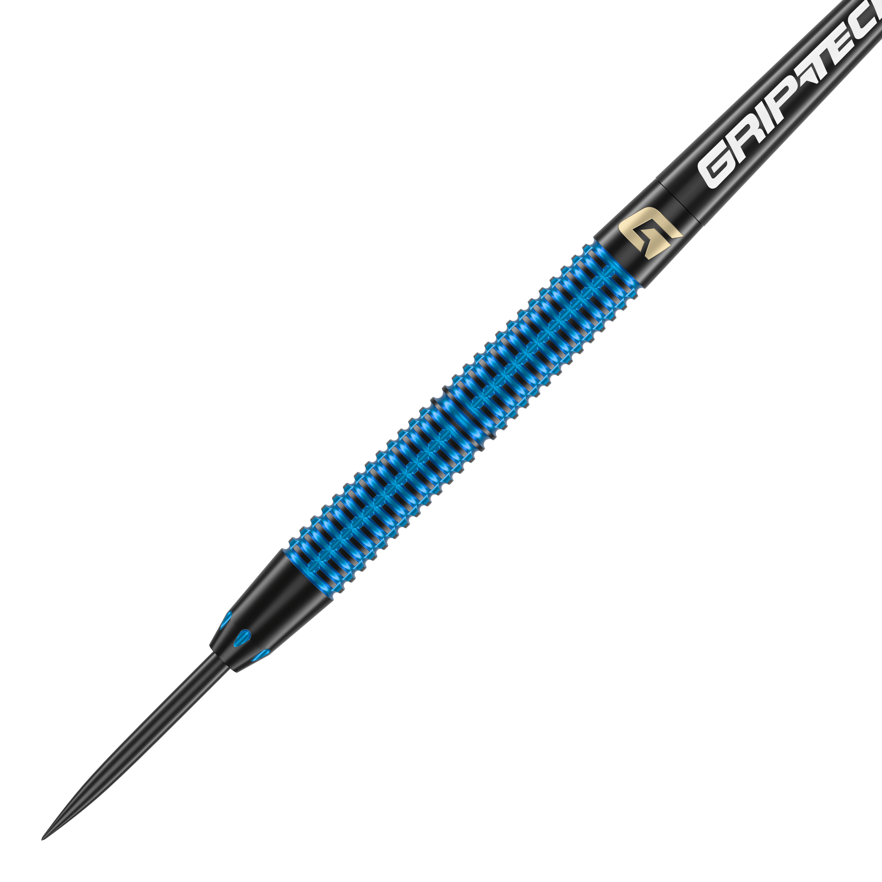 Dardos GOAT Athlete de latón azul - 12 g Das Bild zeigt einen GOAT Athlete Blue Brass Steeldart mit einem Gewicht von 12g. Der Dart hat eine blaue geriffelte Oberfläche und eine schwarze Spitze.