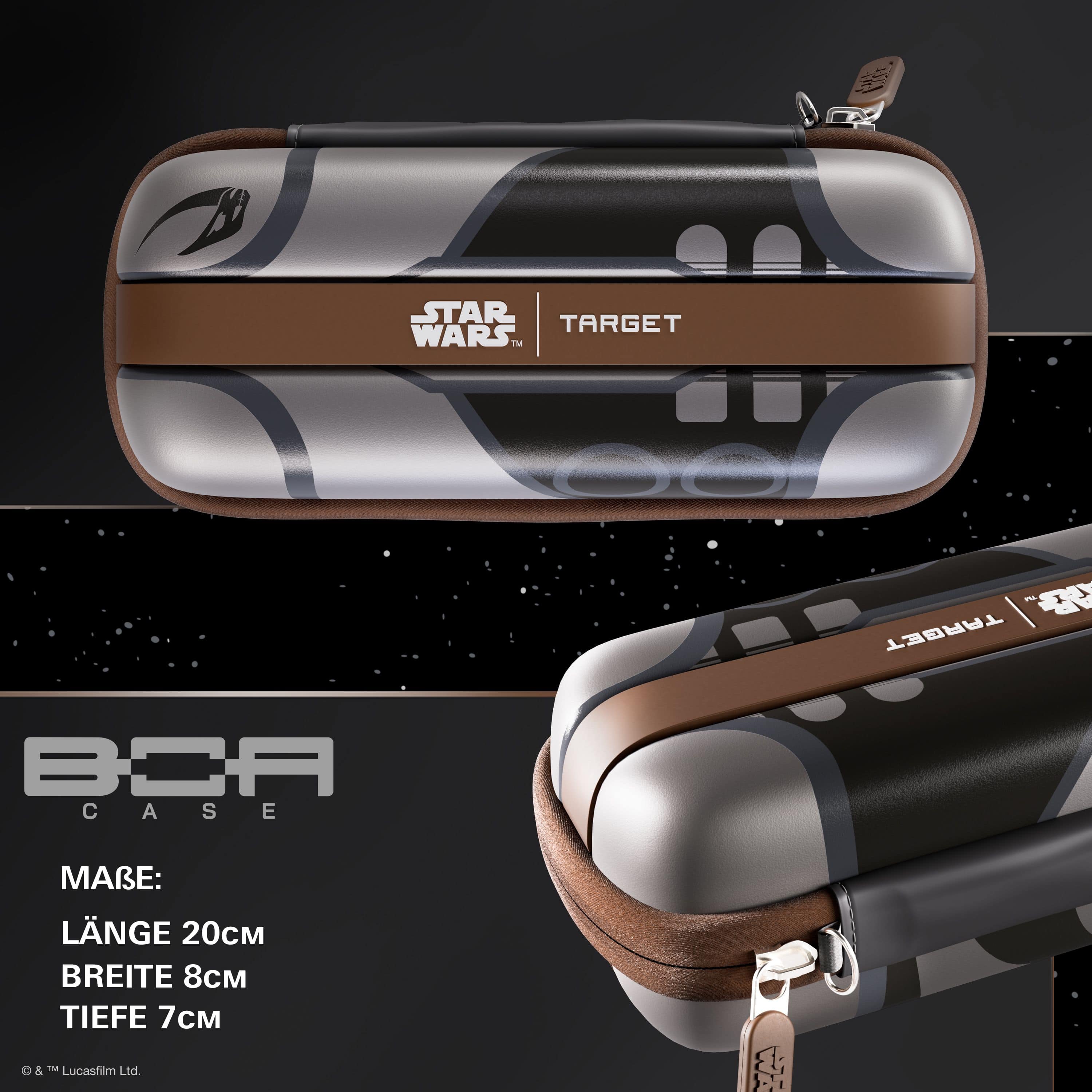 Estuche para dardos Star Wars Boa de Target - Mandalorian Abgebildet ist das Target Star Wars Boa Dartcase - Mandalorian. Es ist ein Dartcase mit Mandalorianer-Design aus Star Wars.