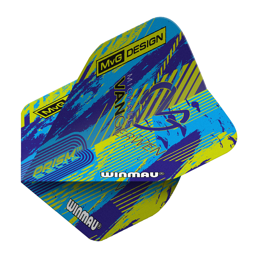 Plumas estándar Winmau Delta Michael Van Gerwen Prism 04 Das Bild zeigt die Winmau Delta Michael Van Gerwen Prism 04 Standard Flights. Das Design ist bunt mit blauen, gelben und violetten Akzenten sowie dem Schriftzug „MvG DESIGN“ und „Winmau“.