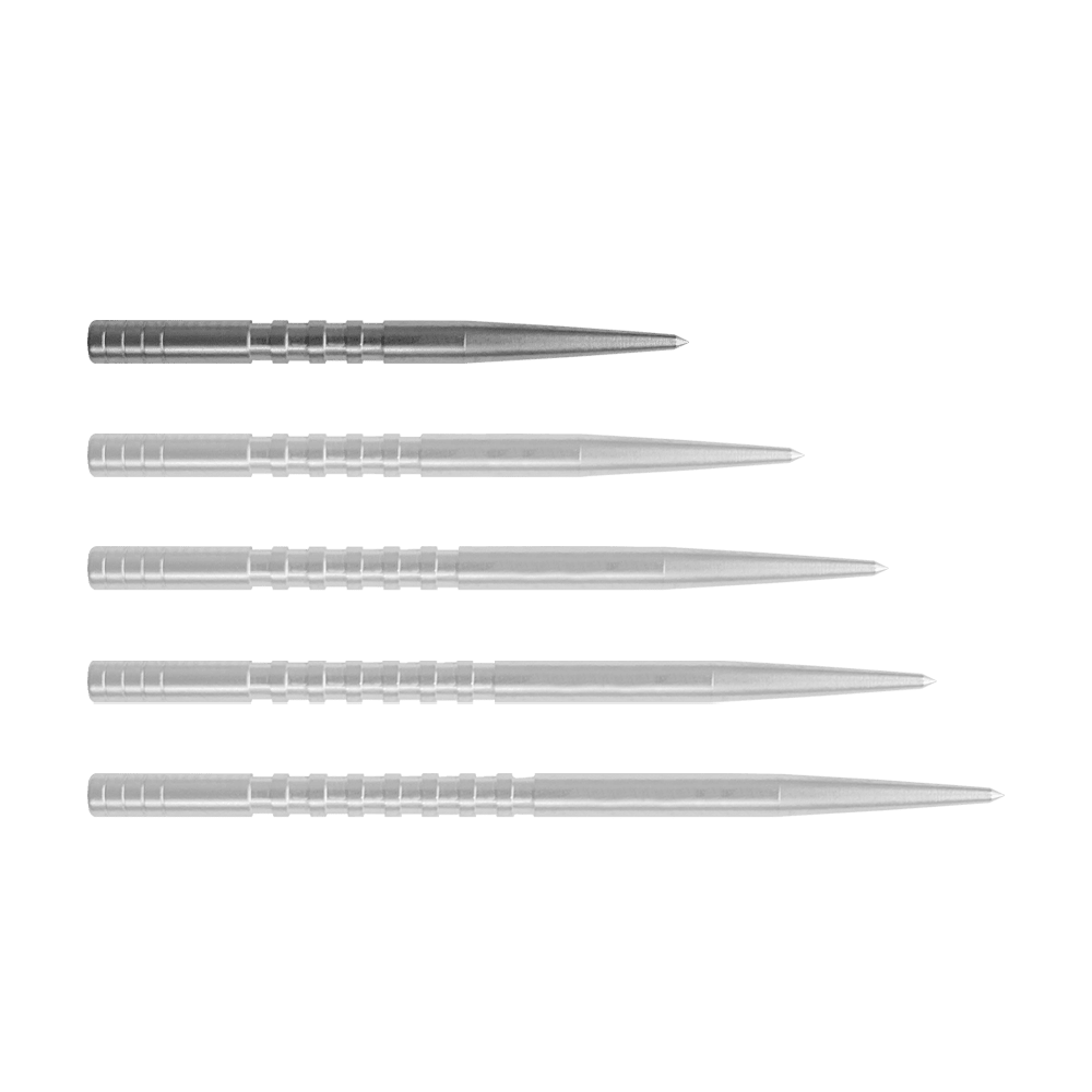 Puntas de dardo Condor Beak Point con corte Auf dem Bild sind fünf silberne Dartspitzen nebeneinander zu sehen. Sie haben eine gerade Form mit feinen Rillen im hinteren Bereich und einer spitzen Vorderseite.