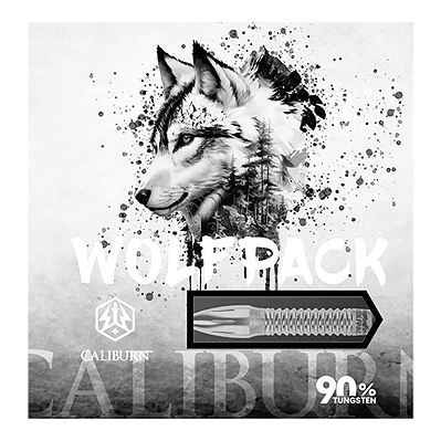 Dardos de acero Caliburn Wolfpack W4 - 20 g Das Bild zeigt die Verpackung der Caliburn Wolfpack W4 Steeldarts mit einem Wolf-Design. Auf der Verpackung steht, dass die Darts 20g wiegen und aus 90% Tungsten bestehen.