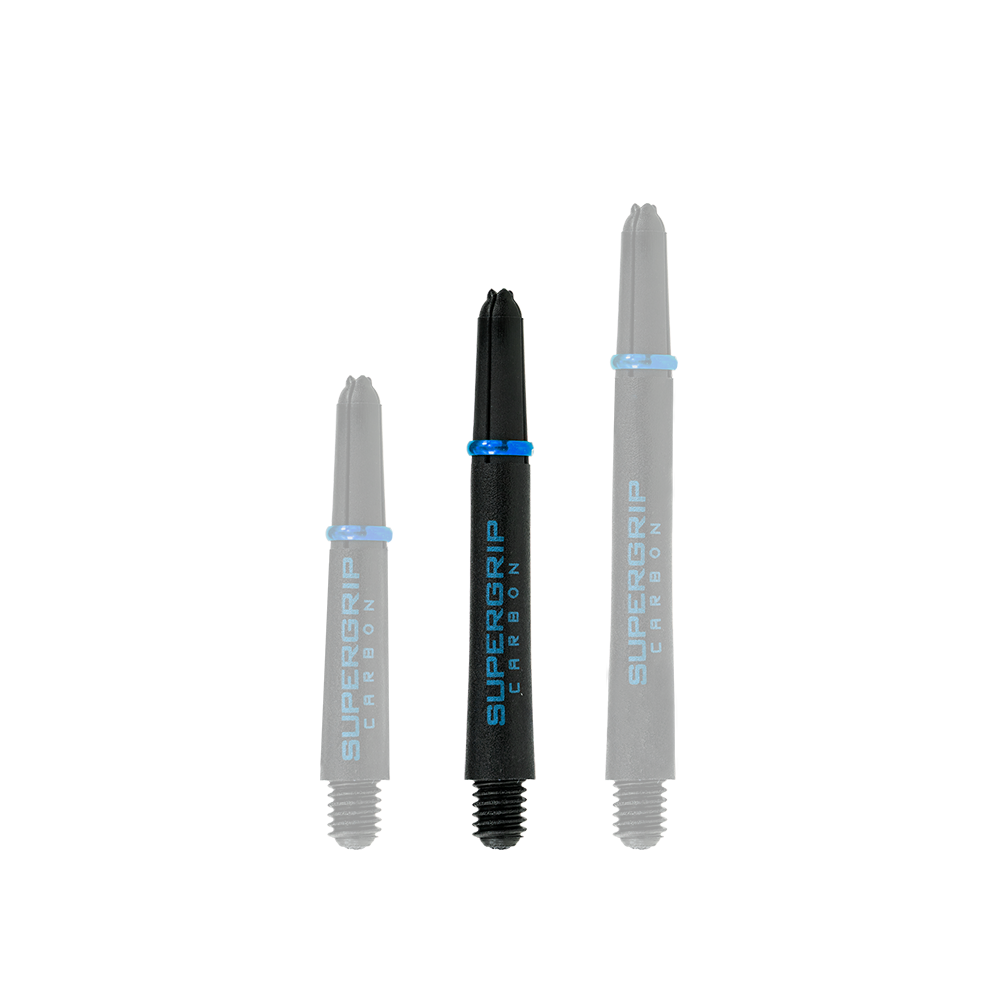 HR364_Harrows_Supergrip_Carbon_Shafts_Aqua_40mm_1 Das Bild zeigt drei Harrows Supergrip Carbon Shafts in der Farbe Aqua. Die Shafts sind unterschiedlich lang und haben schwarze Körper mit blauer Beschriftung.