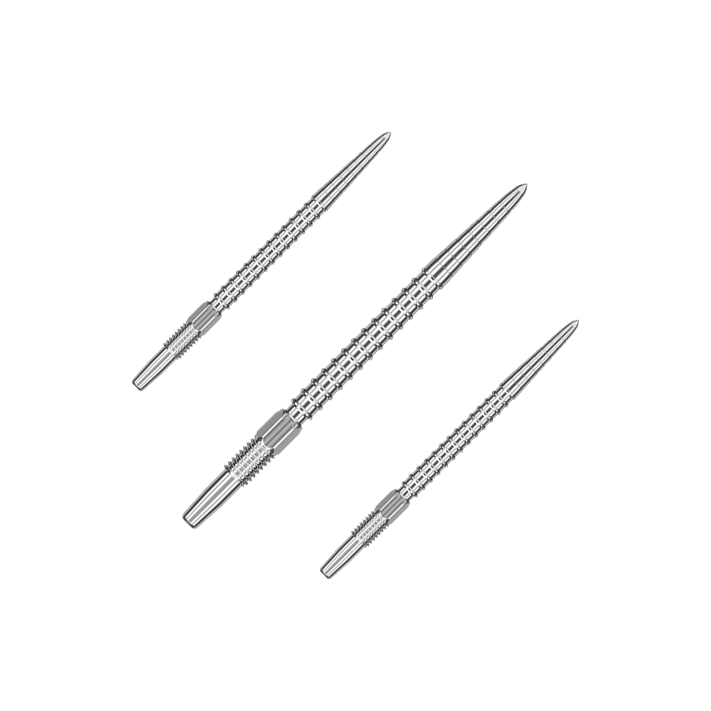 Das Bild zeigt drei silberne Dartspitzen, die nebeneinander angeordnet sind. Sie haben ein geriffeltes Muster für besseren Halt.