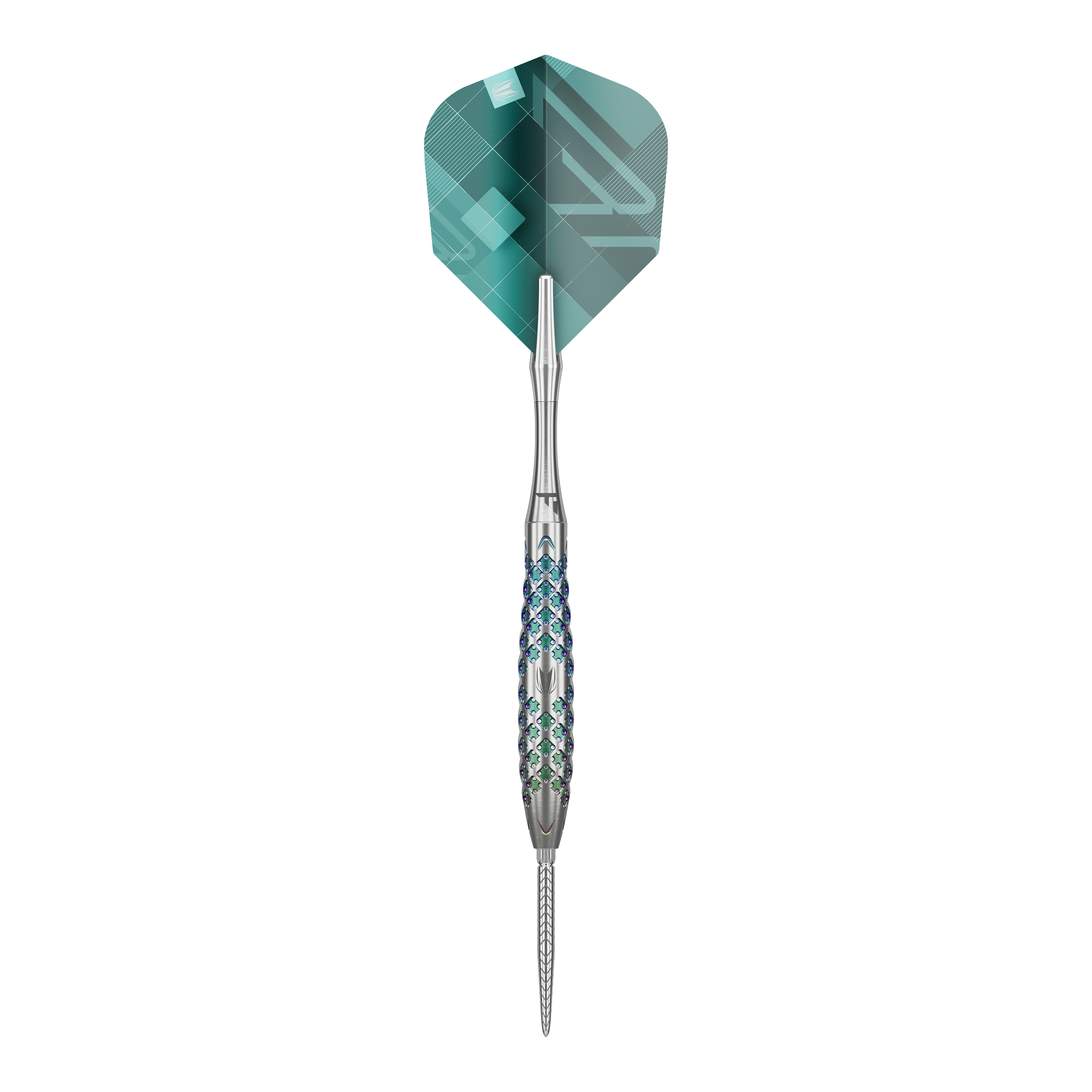 Dardos de acero Target Rove 02 Swiss Point Das Bild zeigt einen Target Rove 02 Swiss Point Steeldart. Der Dartpfeil hat ein silbernes, strukturiertes Barrel und eine grün-blaue Flight.