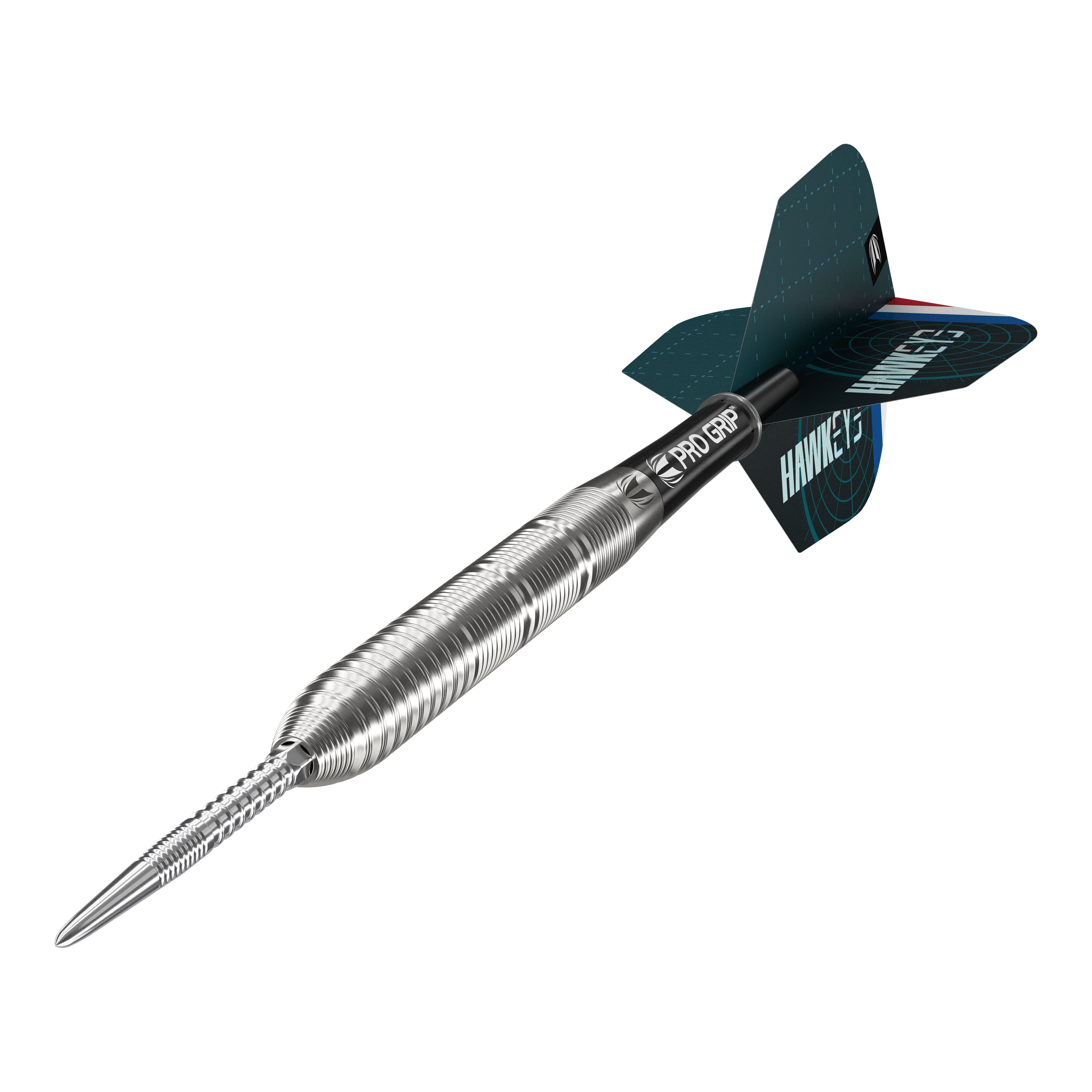 Diana Kevin Doets GEN1 Dardos de acero con punta suiza - 23 g Das Bild zeigt einen Target Kevin Doets GEN1 Swiss Point Steeldart mit 23g Gewicht. Der Dartpfeil hat einen silbernen, geriffelten Barrel und moderne Flights in Blau und Schwarz.