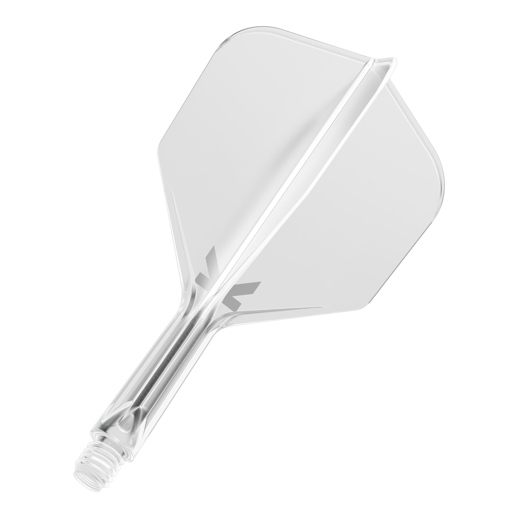 Sistema de vuelo Target K-Flex No6 - Transparente Das Bild zeigt ein durchsichtiges Dart-Flightsystem mit einem integrierten Schaft. Es ist vor schwarzem Hintergrund abgebildet.