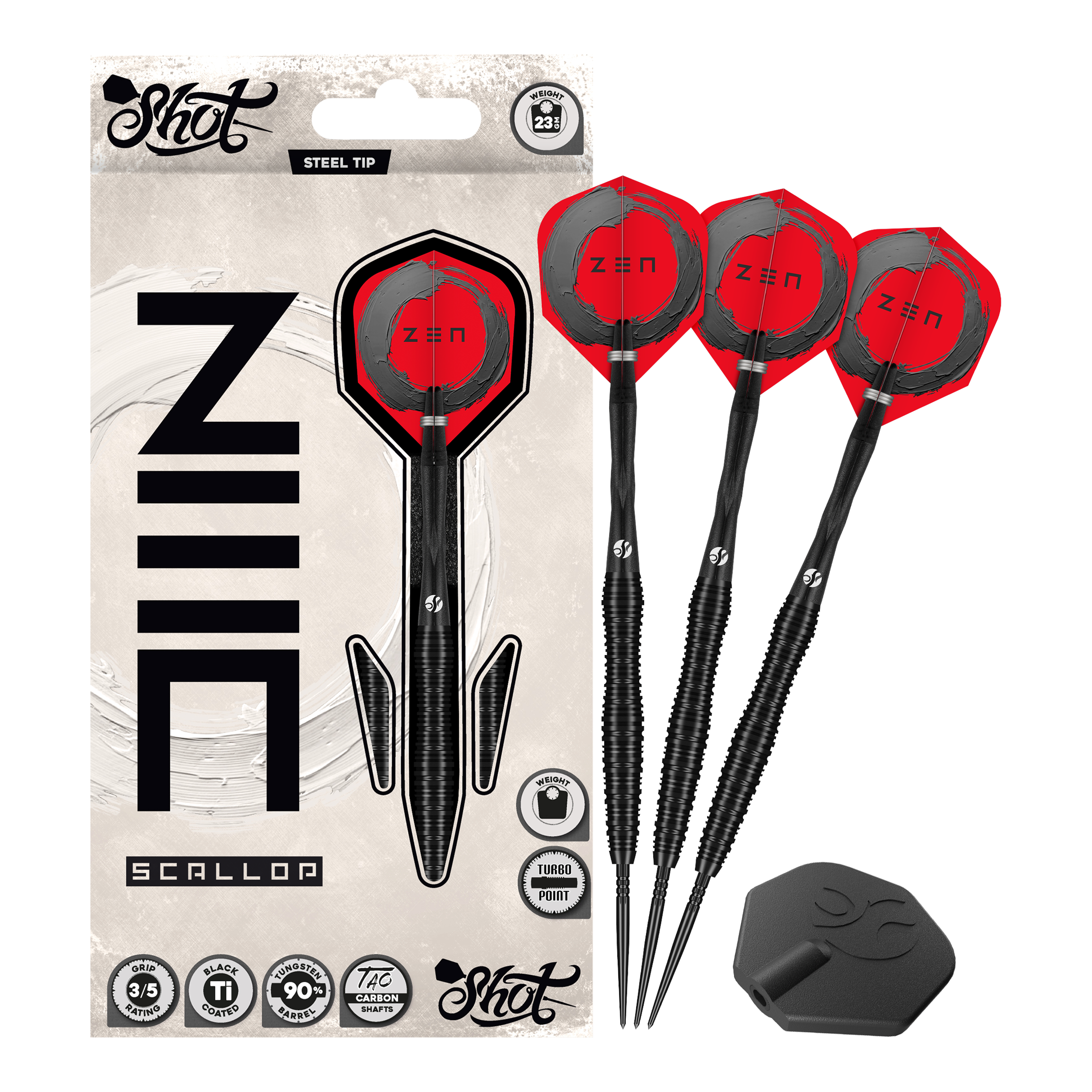 Dardos de acero Shot ZEN Scallop Turbo Point - 23 g Das Foto präsentiert die Shot ZEN Scallop Turbo Point Steeldarts - 23g in Gesamtansicht. Sie verbinden modernes Design mit hoher Treffsicherheit.