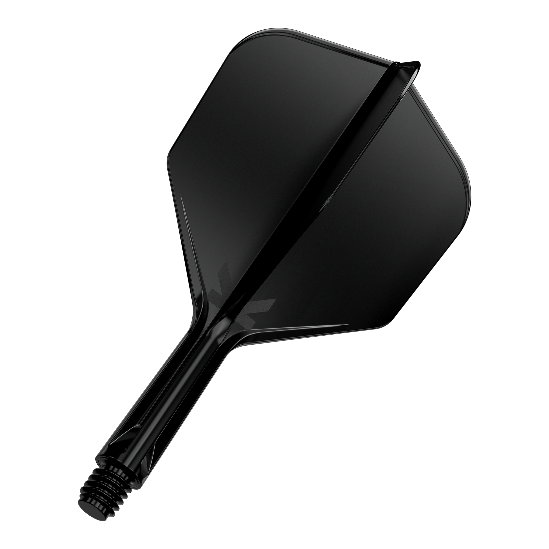 Sistema de vuelo Target K-Flex No6 - Negro Das Bild zeigt eine schwarze Dartflügel- und Schaftkombination. Sie ist vor einem schwarzen Hintergrund dargestellt.