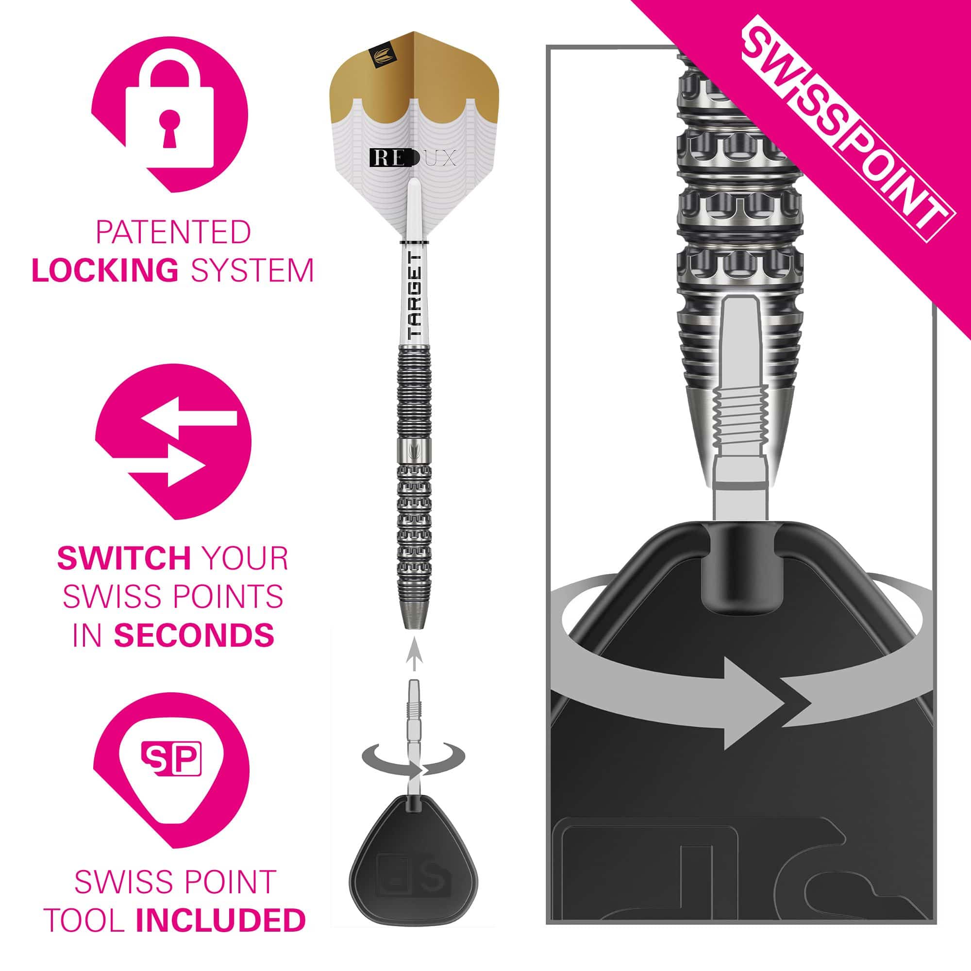 Dardos de acero Target Redux 01 Swiss Point Diese Abbildung zeigt die Target Redux 01 Swiss Point Steeldarts. Es handelt sich um hochwertige Steeldarts für Dartspieler.