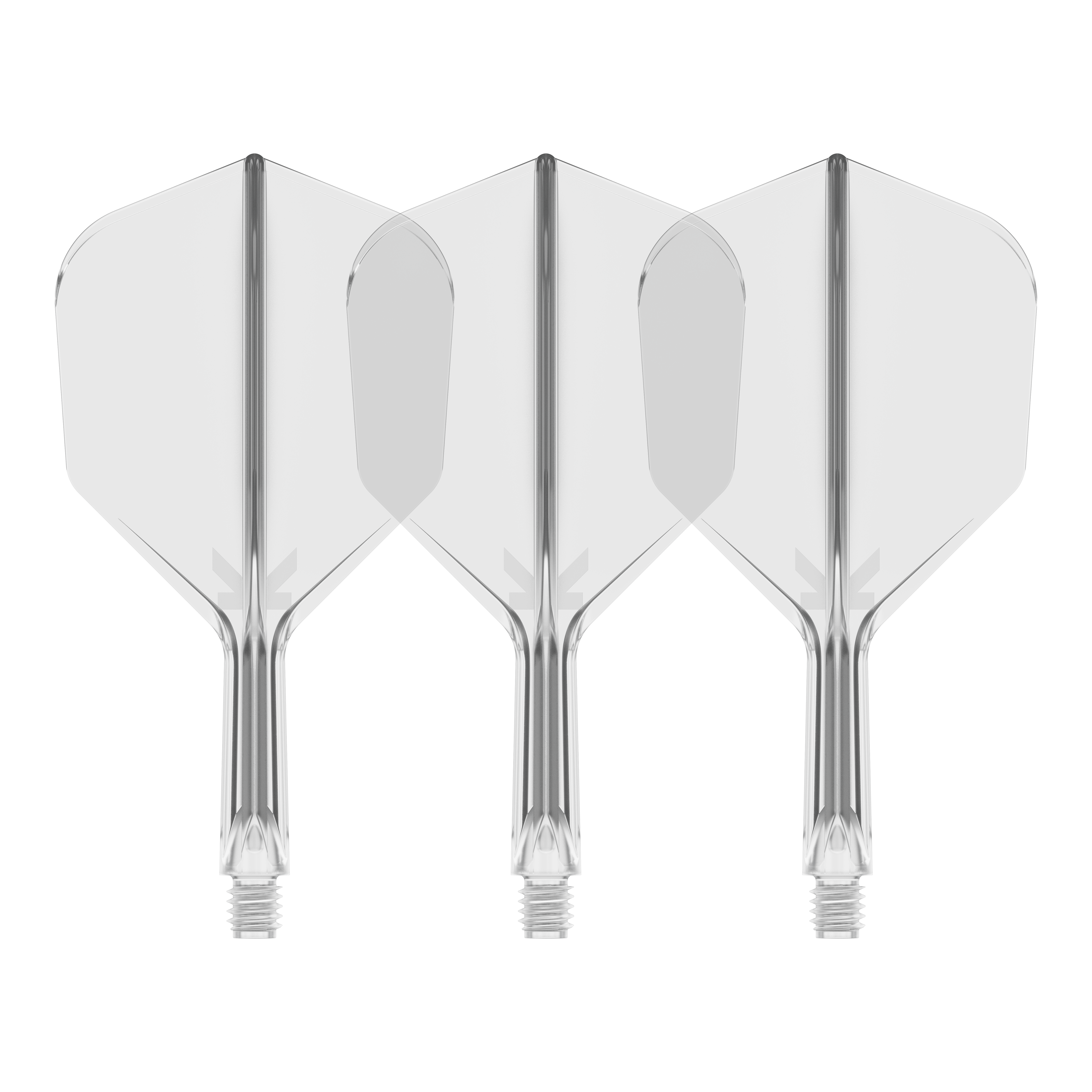 Sistema de vuelo Target K-Flex No6 - Transparente Auf dem Bild sind drei durchsichtige Dartflights mit integriertem Schaft zu sehen. Sie stehen nebeneinander vor schwarzem Hintergrund.