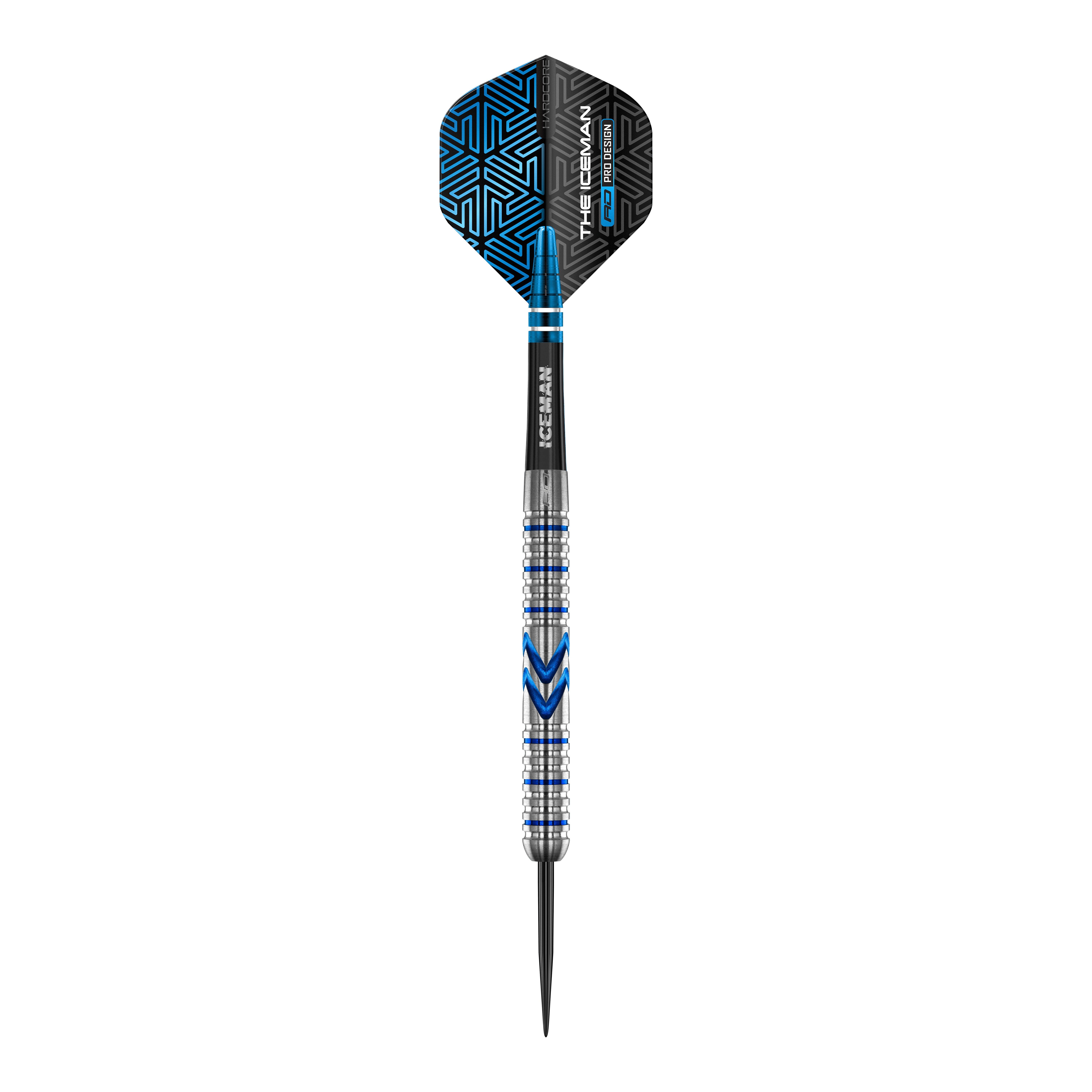 Dardos de acero Red Dragon Gerwyn Price Iceman Midnight Edition Das Bild zeigt einen Steeldart aus der Serie "Red Dragon Gerwyn Price Iceman Midnight Edition". Der Dart hat ein silbernes und blaues Design mit schwarzen Akzenten auf dem Flight.