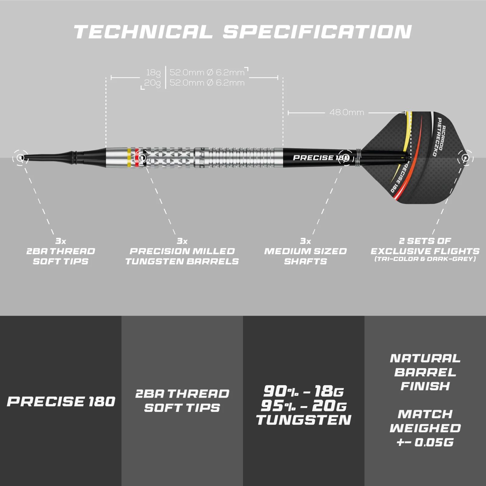Dardos blandos Precise 180 Ricardo Pietreczko GEN1 Precise 180 Ricardo Pietreczko GEN1 Softdarts sind Softdarts mit besonderem Design. Sie eignen sich perfekt für elektronische Dartboards.