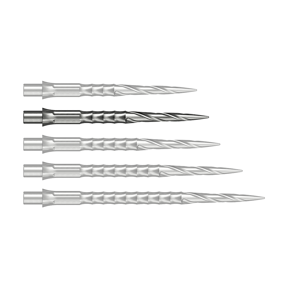 Vermutlich wird eine silberne Steeldartspitze mit 30 mm Länge abgebildet. Sie stammt aus dem Caliburn Evo System und ist vom Typ Spiro NoLip.
