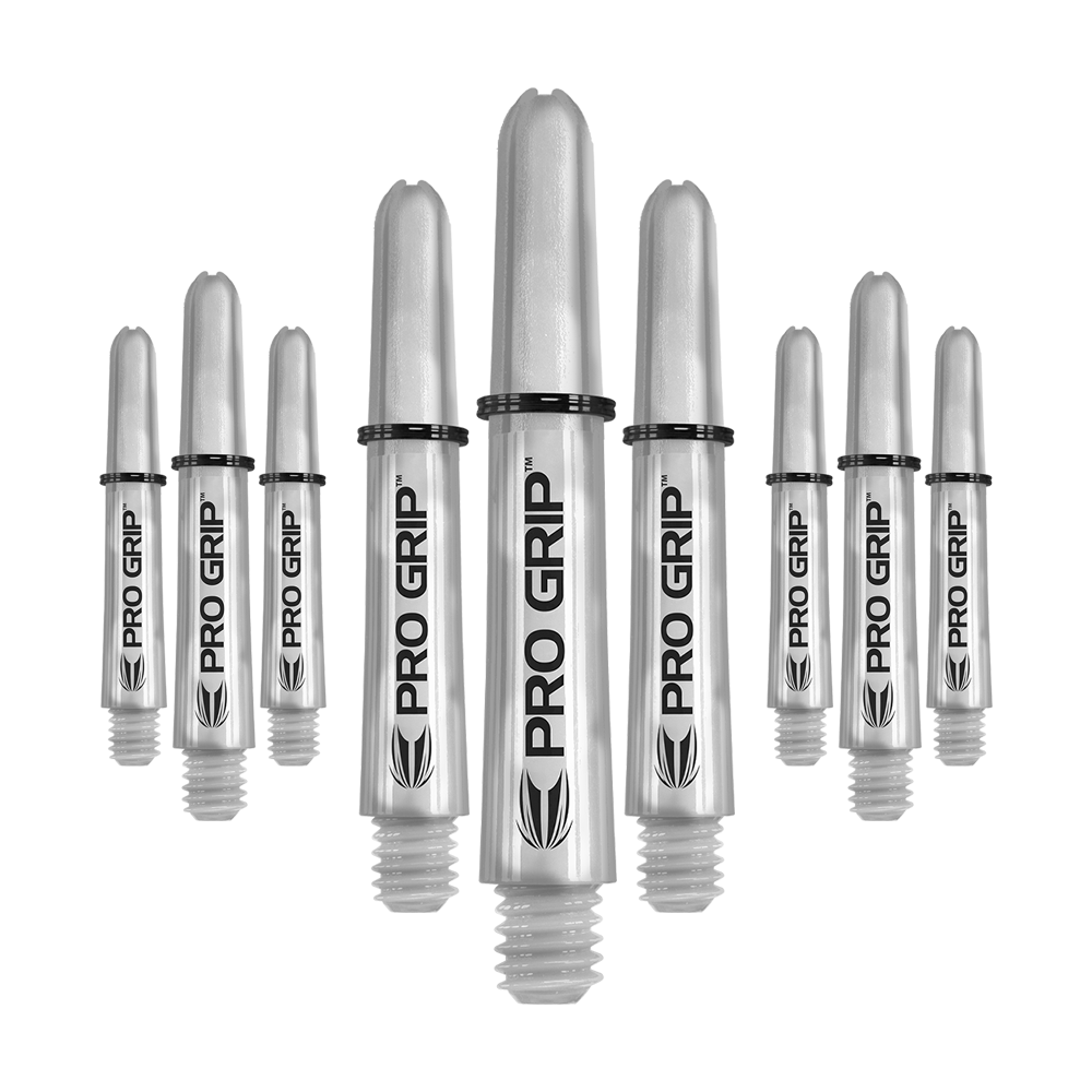 Varillas Target Pro Grip - 3 juegos - Transparentes Das Bild zeigt neun transparente Dartschäfte mit der Aufschrift "Pro Grip". Sie sind in drei Reihen angeordnet, wobei die mittleren Schäfte am größten sind.