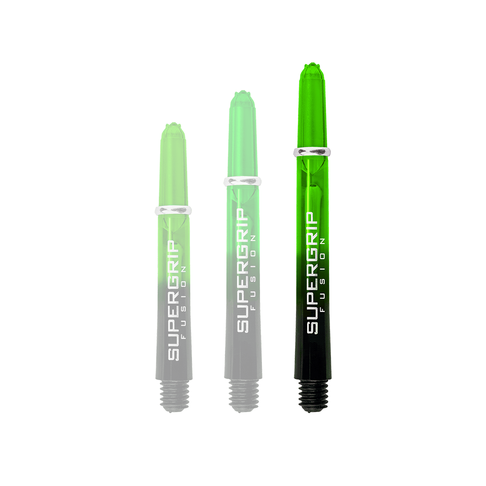 HR341_Harrows_Supergrip_Fusion_Shafts_Gr-n_47mm_1yG9X20uhhT9dp Das Bild zeigt drei grüne Harrows Supergrip Fusion Shafts in verschiedenen Längen. Die Schäfte haben ein transparentes Design mit der Aufschrift "SUPERGRIP FUSION" in Weiß.