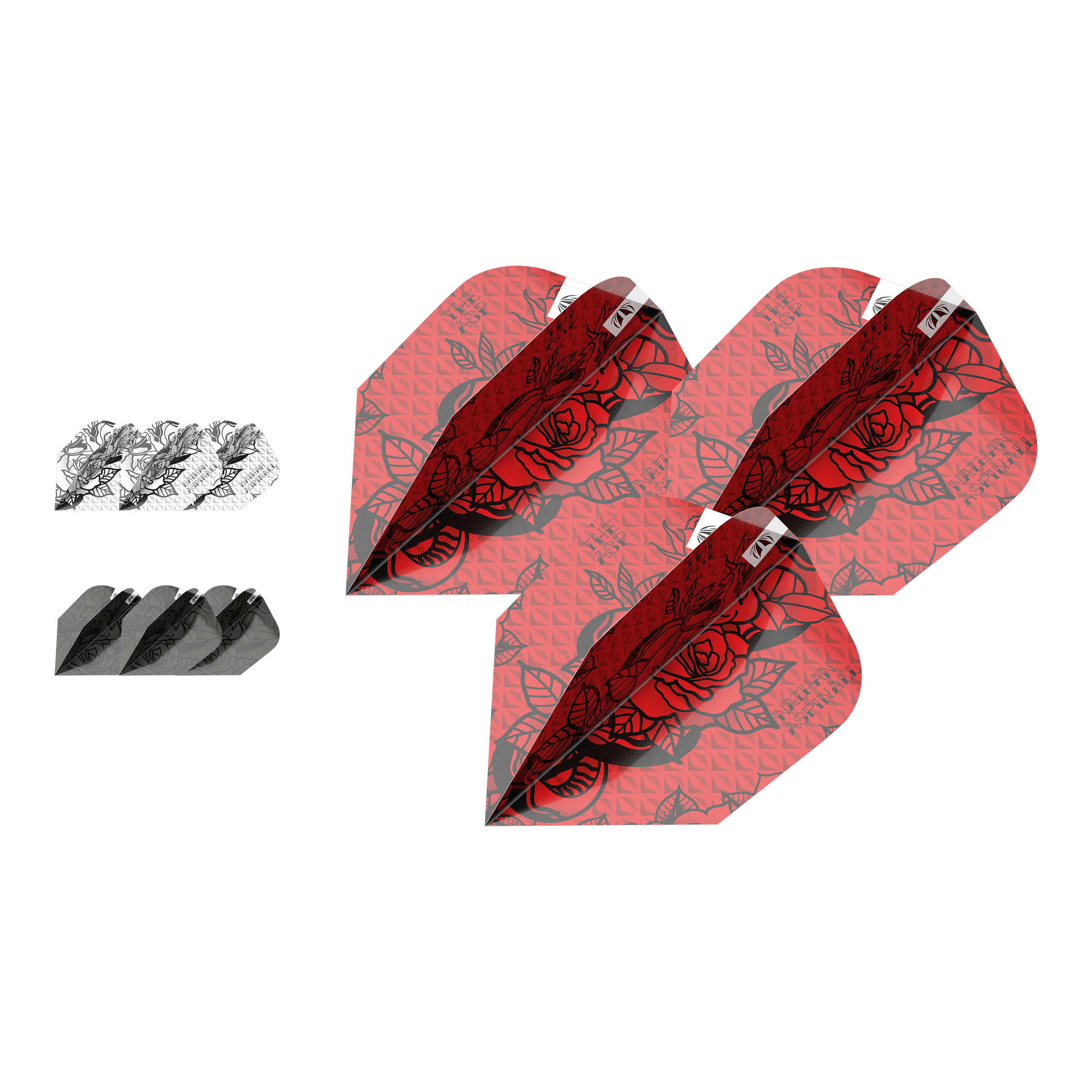 Paquete de tinta Target 3 juegos de plumas Nathan Aspinall Ten-X Das Bild zeigt drei Sets von Dart-Flights im Produkt "Target Ink Bundle 3 Sets Nathan Aspinall Ten-X Flights". Die Flights sind in den Farben Rot, Schwarz und Weiß mit einem Rosenmuster gestaltet.