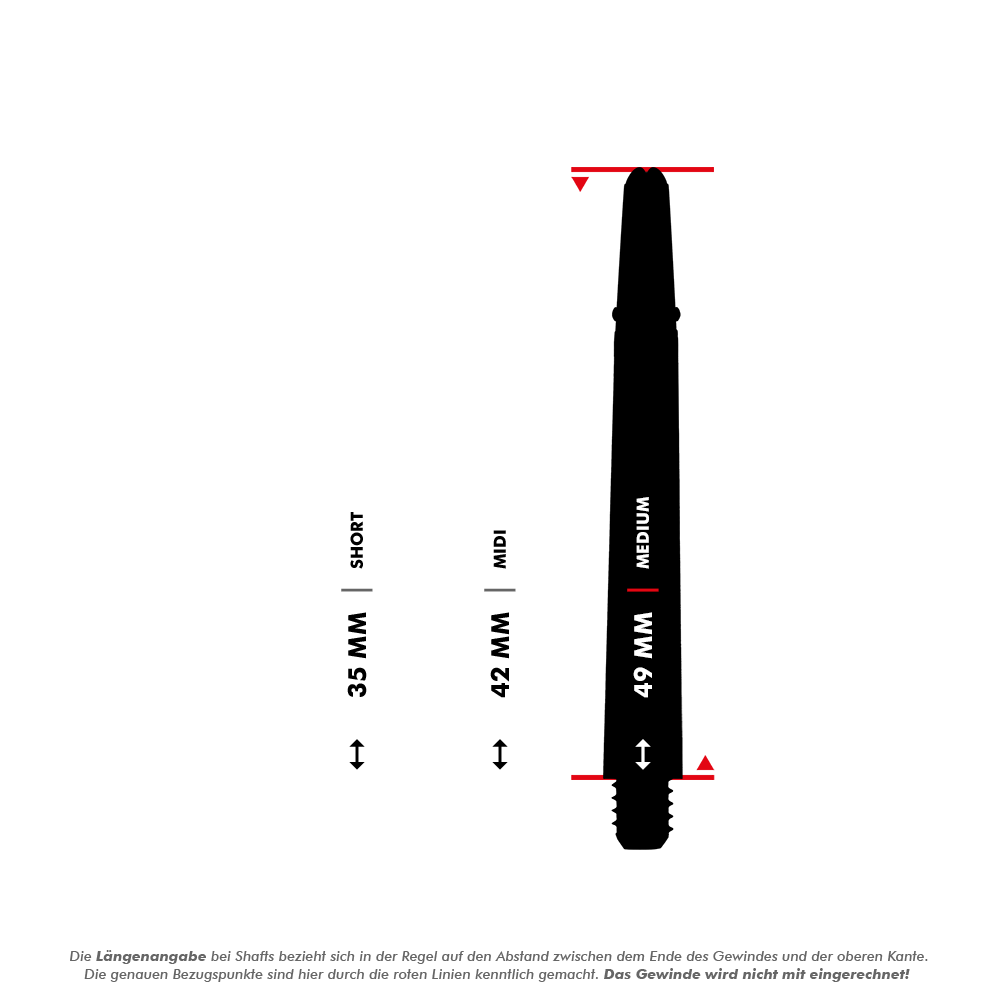 _Harrows_Carbon_360_Shafts_5_49mmUqhft62JxO5gA Das Bild zeigt drei unterschiedlich lange Dartschäfte mit den Längen 35 mm (Short), 42 mm (Midi) und 49 mm (Medium). Die Längen werden durch rote Markierungen an den Schäften hervorgehoben.