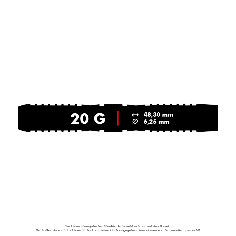 Dardos blandos Red Dragon Panterra - 20 g Das Bild zeigt die Produktangaben für die Red Dragon Panterra Softdarts mit einem Gewicht von 20 Gramm. Die Darts sind 48,30 mm lang und haben einen Durchmesser von 6,25 mm.