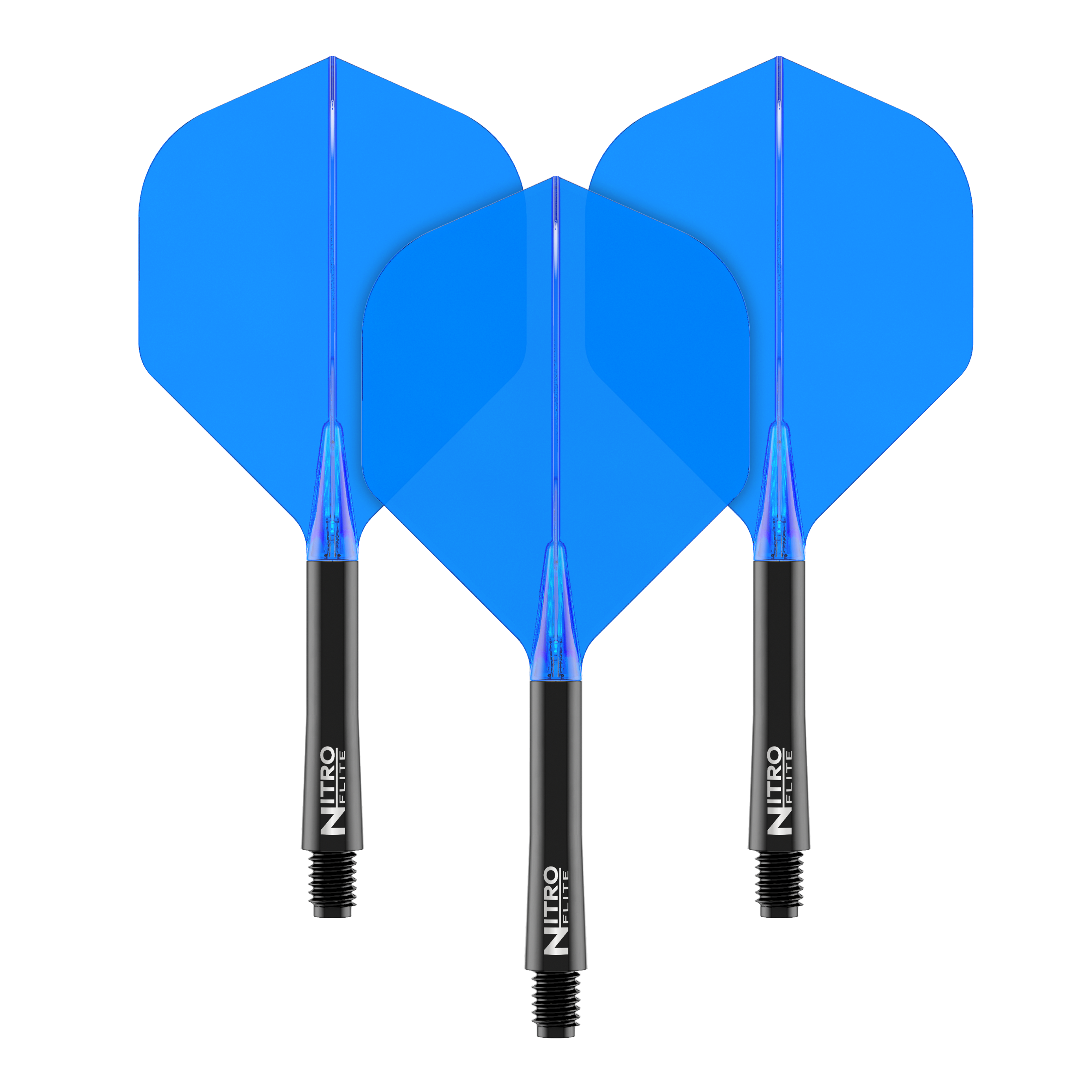 Das Bild zeigt drei blaue Dart Flights mit schwarzen Schäften. Auf den Schäften steht der Schriftzug "Nitro Flite".
