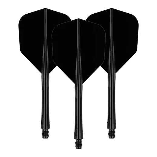 Das Bild zeigt drei schwarze Dart-Flights mit Schäften. Sie sind in einer aufrechten Position nebeneinander angeordnet.