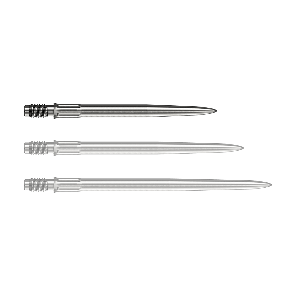 Puntas de dardo Mission R2.5 Rapid Point SM1 - Plateadas Eine silberne Dartspitze liegt vor weißem Hintergrund. Die Spitze ist eine Mission R25 Rapid Point SM1 mit einer Länge von 30mm.