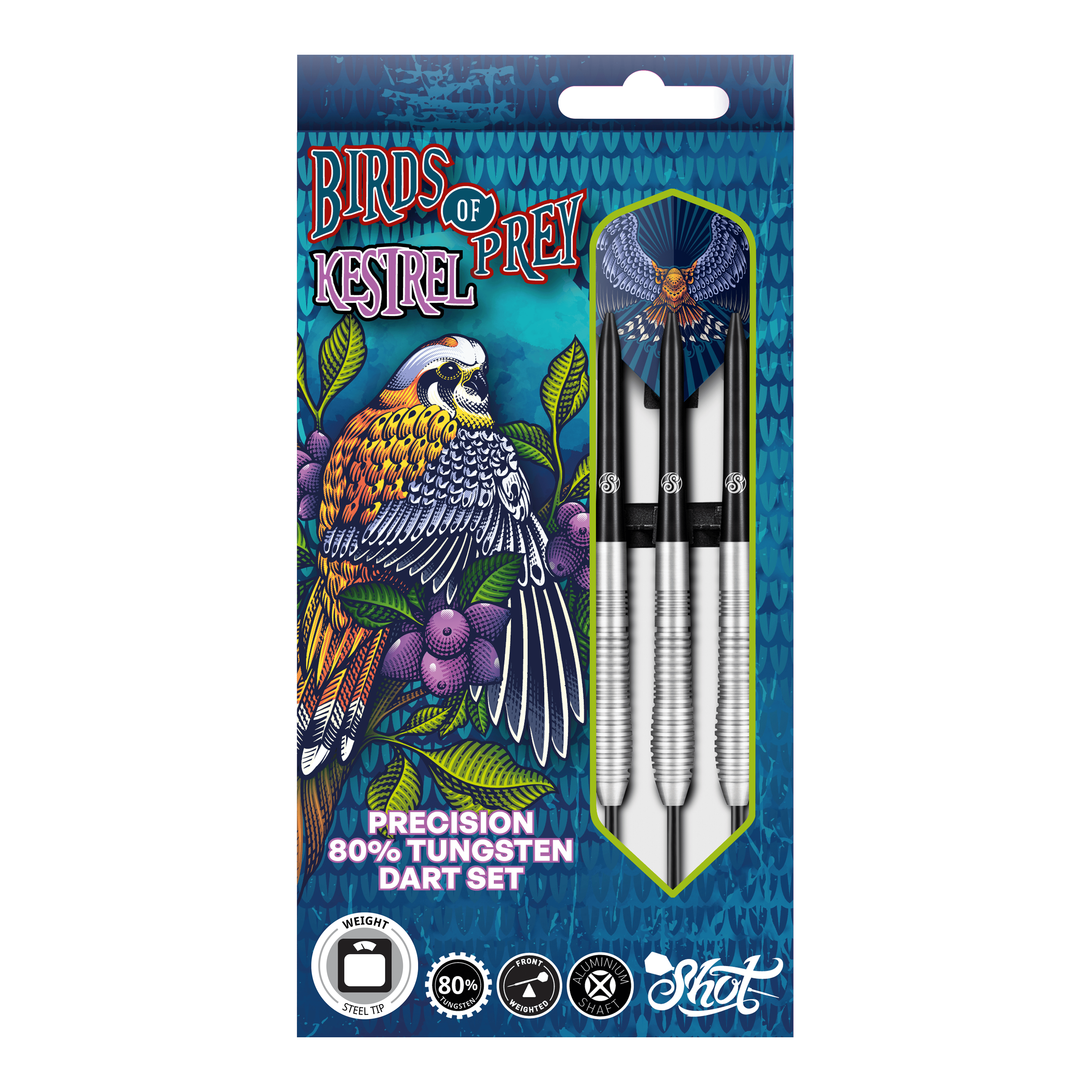 Dardos de acero Kestrel de Shot Birds Of Prey Das Bild zeigt die Verpackung der "Shot Birds Of Prey Kestrel Steeldarts". Auf der Verpackung ist ein bunter Vogel abgebildet, und die Darts bestehen aus 80% Tungsten.