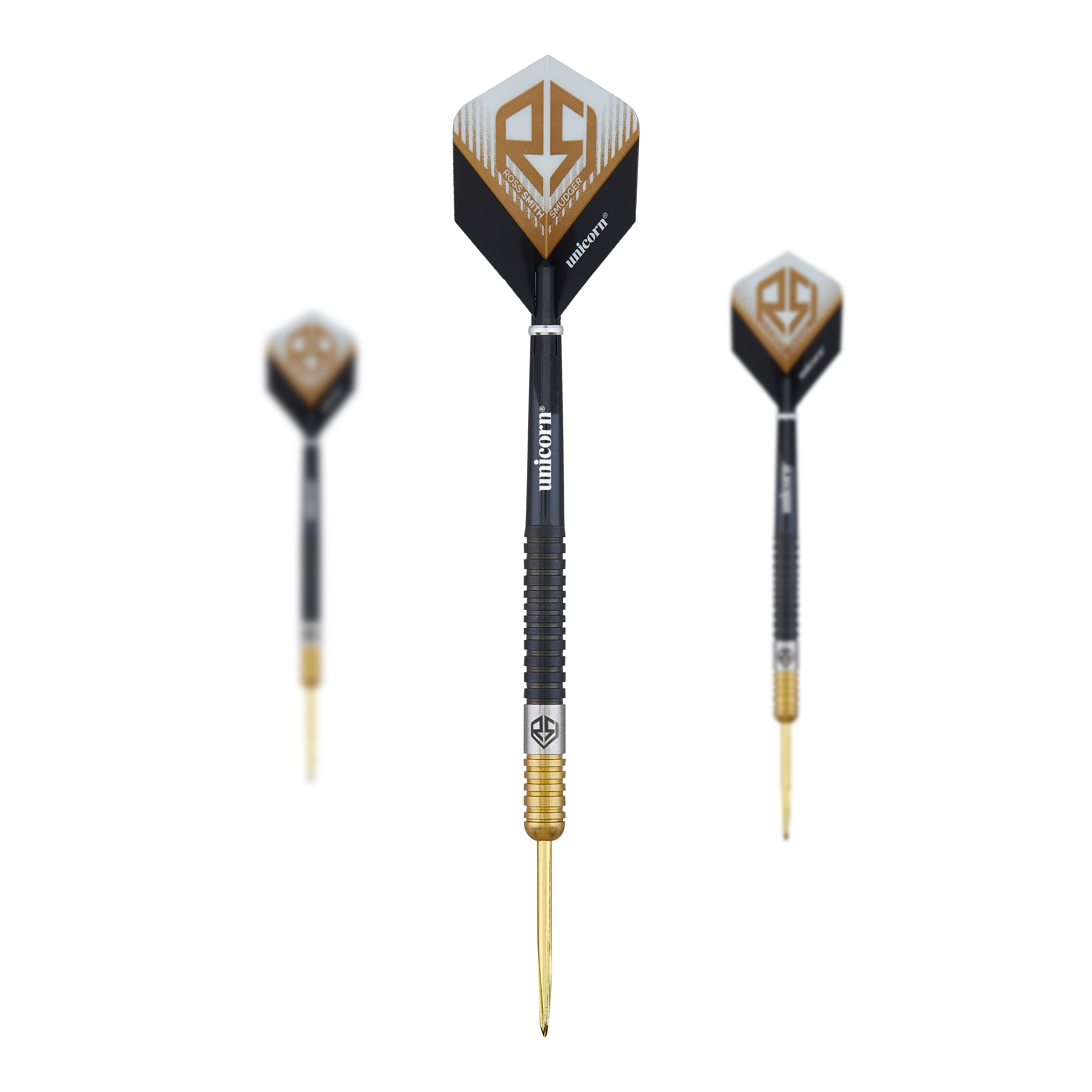 Dardos de acero bicolor Unicorn Ross Smith Das Bild zeigt drei Steeldarts des Produkts 'Unicorn Ross Smith Two-Tone Steeldarts'. Die Darts sind schwarz-goldfarben und tragen das Ross Smith Logo auf den Flights.
