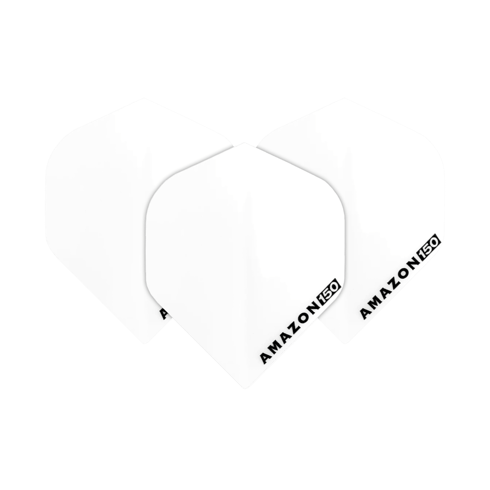 Vuelos de Amazon 150 - Blanco Das Bild zeigt drei weiße Dart-Flights mit der Aufschrift "AMAZON 150" in einer Ecke. Die Flights sind schlicht gehalten und haben eine klassische Form.