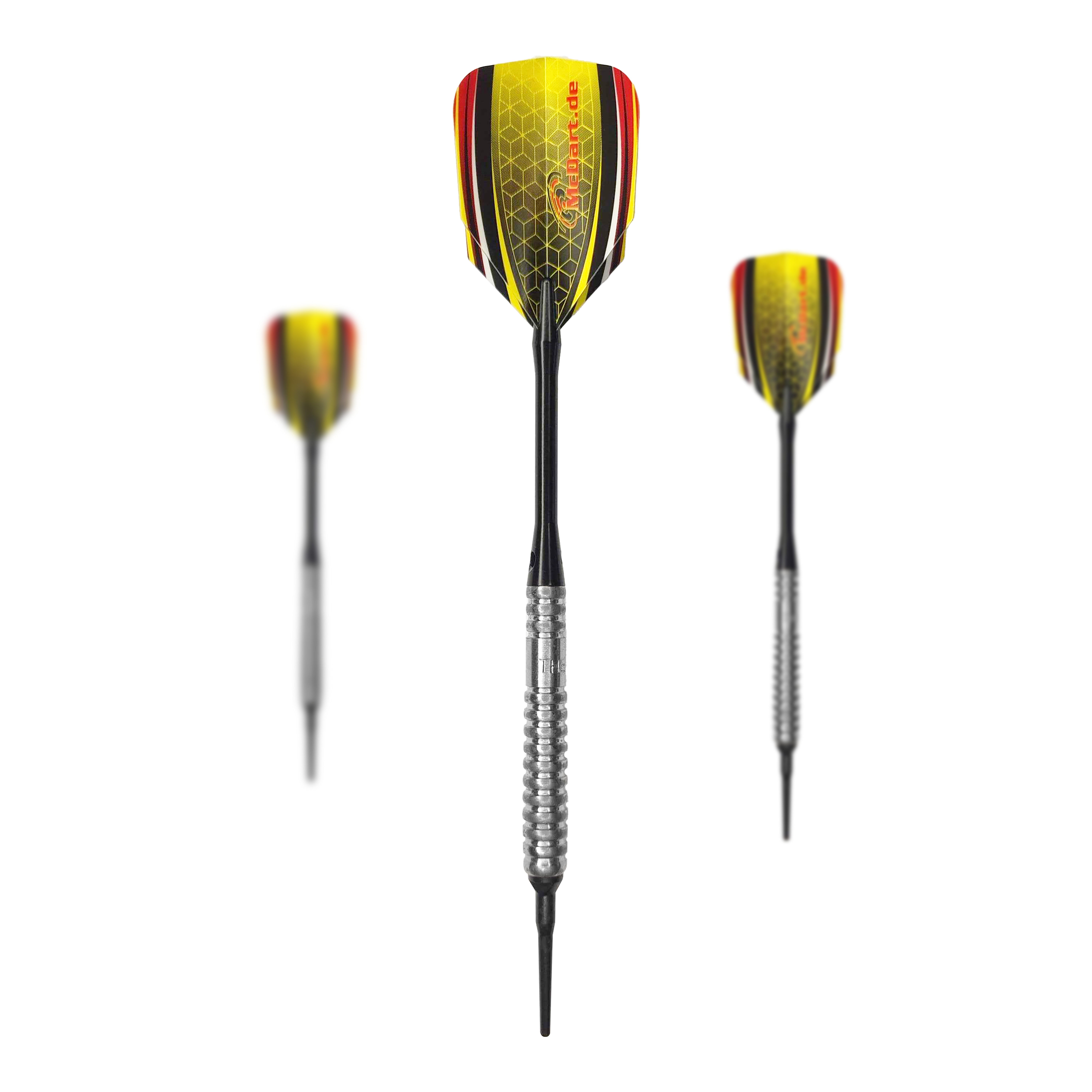 Dardos blandos McDart 85 Tungsten V20 - 17 g Das Bild zeigt drei Softdarts des Modells "McDart 85er Tungsten V20" mit einem Gewicht von 17g. Die Flights sind in Gelb, Rot und Schwarz gestaltet und haben ein Wabenmuster.