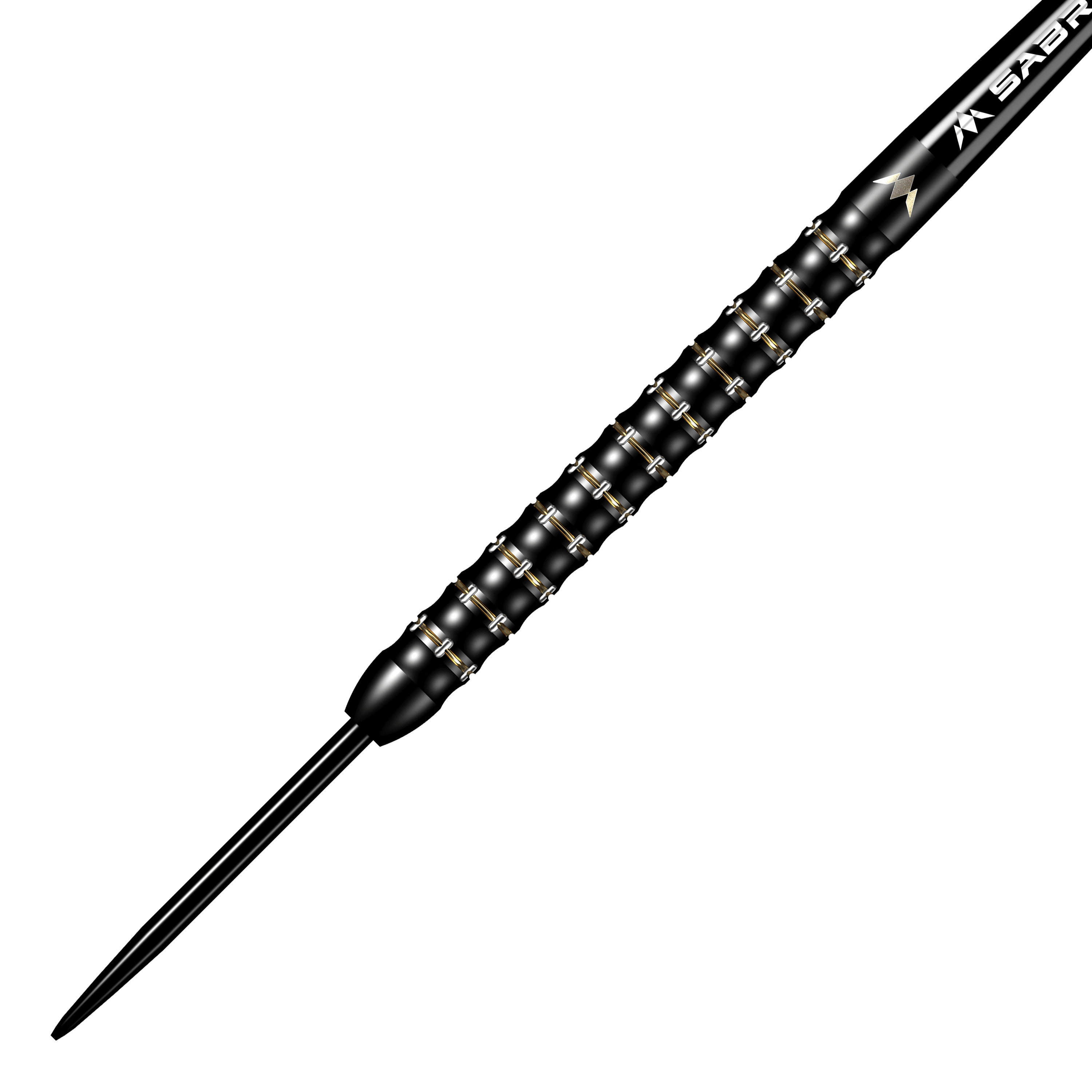 Misión Mike De Decker MDD Black Gold Steeldarts Das Bild zeigt den Mission Mike De Decker MDD Black Gold Steeldart. Der Dartpfeil ist überwiegend schwarz mit goldenen Akzenten und hat ein strukturiertes Griffdesign.