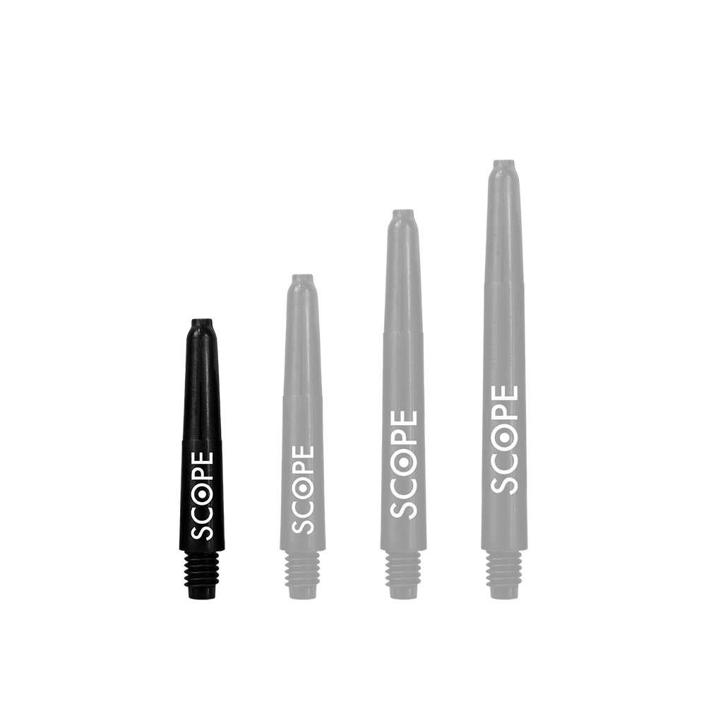 520_McDart_Scope_Nylon_Shafts_Schwarz_28mm_1AQ9le9Wfg4T86 Das Bild zeigt vier schwarze McDart Scope Nylon Shafts in unterschiedlichen Längen. Auf jedem Schaft steht das Wort "SCOPE" in weißer Schrift.