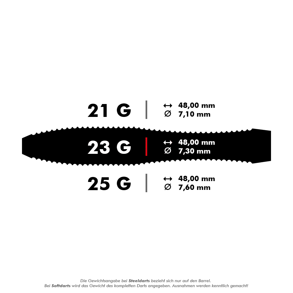 Dardos de acero V-Wing edición aniversario de Harrows Das Bild zeigt die Spezifikationen von Steeldarts mit den Gewichten 21 g, 23 g und 25 g. Länge und Durchmesser der Darts sind jeweils angegeben, wobei alle Darts 48,00 mm lang sind und sich im Durchmesser unterscheiden.