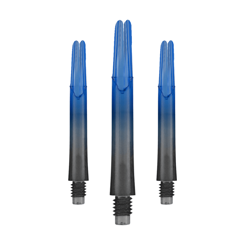 Varilla L-L-Style-Shaft Locked Straight Natural9 de dos tonos - Azul Das Bild zeigt drei blaue und schwarze Dartschäfte ohne Kappen. Sie sind gerade und haben eine Länge von 39 mm.