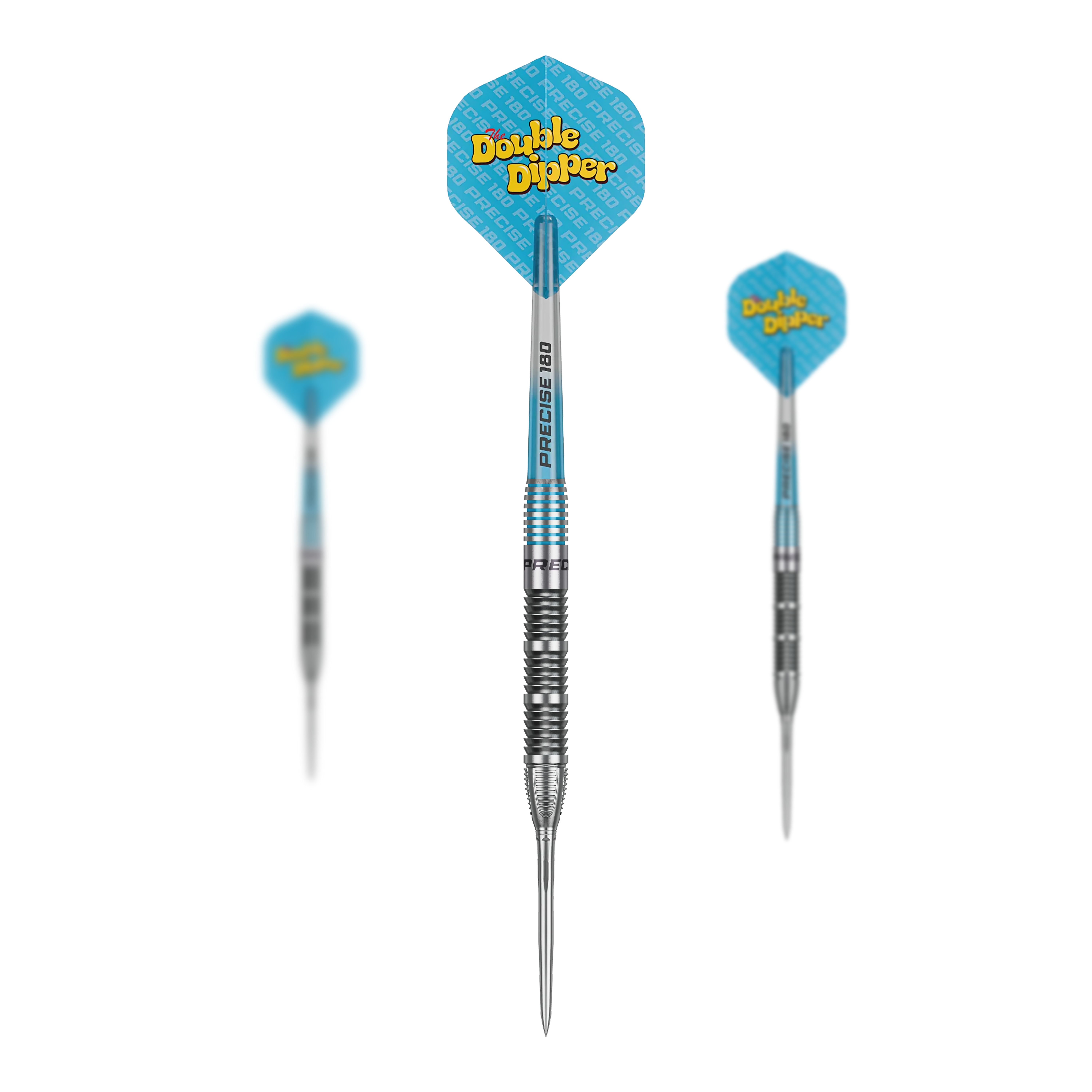 Das Bild zeigt ein Set der Precise 180 Bela Schugmann Double Dipper V1 Steeldarts. Das Set ist ideal für Dartliebhaber.