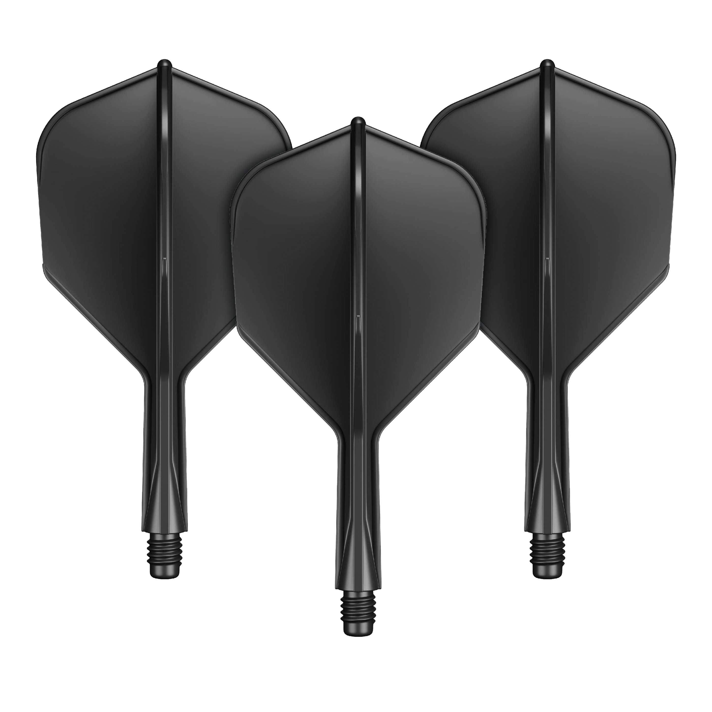 Sistema de eje de vuelo GOAT A1R No6 - Negro Das Bild zeigt drei schwarze Dart-Flights mit integriertem Shaft. Sie sind nebeneinander angeordnet und verfügen über einen kurzen Schaft mit Schraubgewinde.