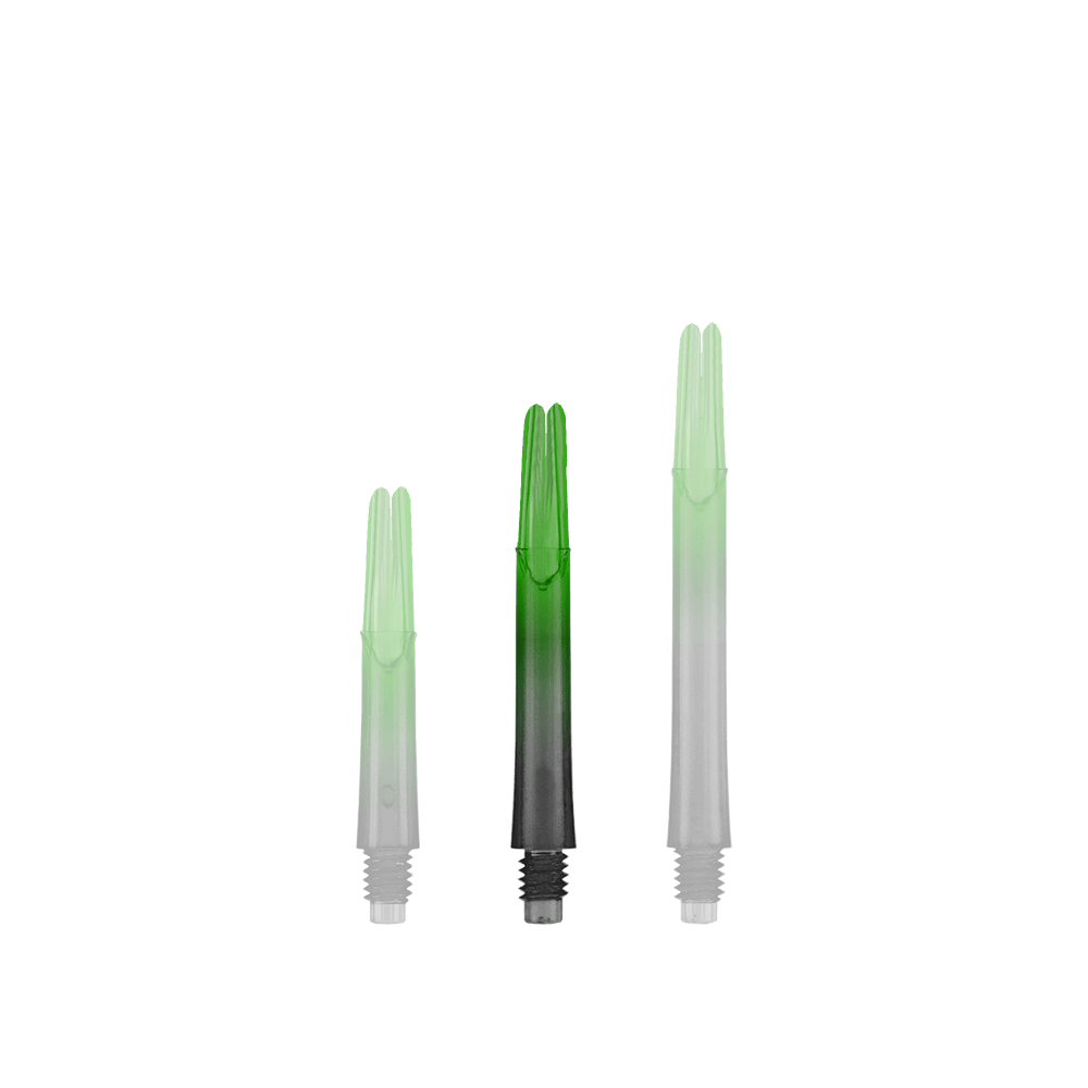 Varilla L-L-Style-Shaft Locked Straight Natural9 de dos tonos - Verde Auf dem Bild sind drei grün-schwarze Dartschäfte in unterschiedlichen Längen zu sehen. Sie stehen aufrecht nebeneinander auf weißem Hintergrund.