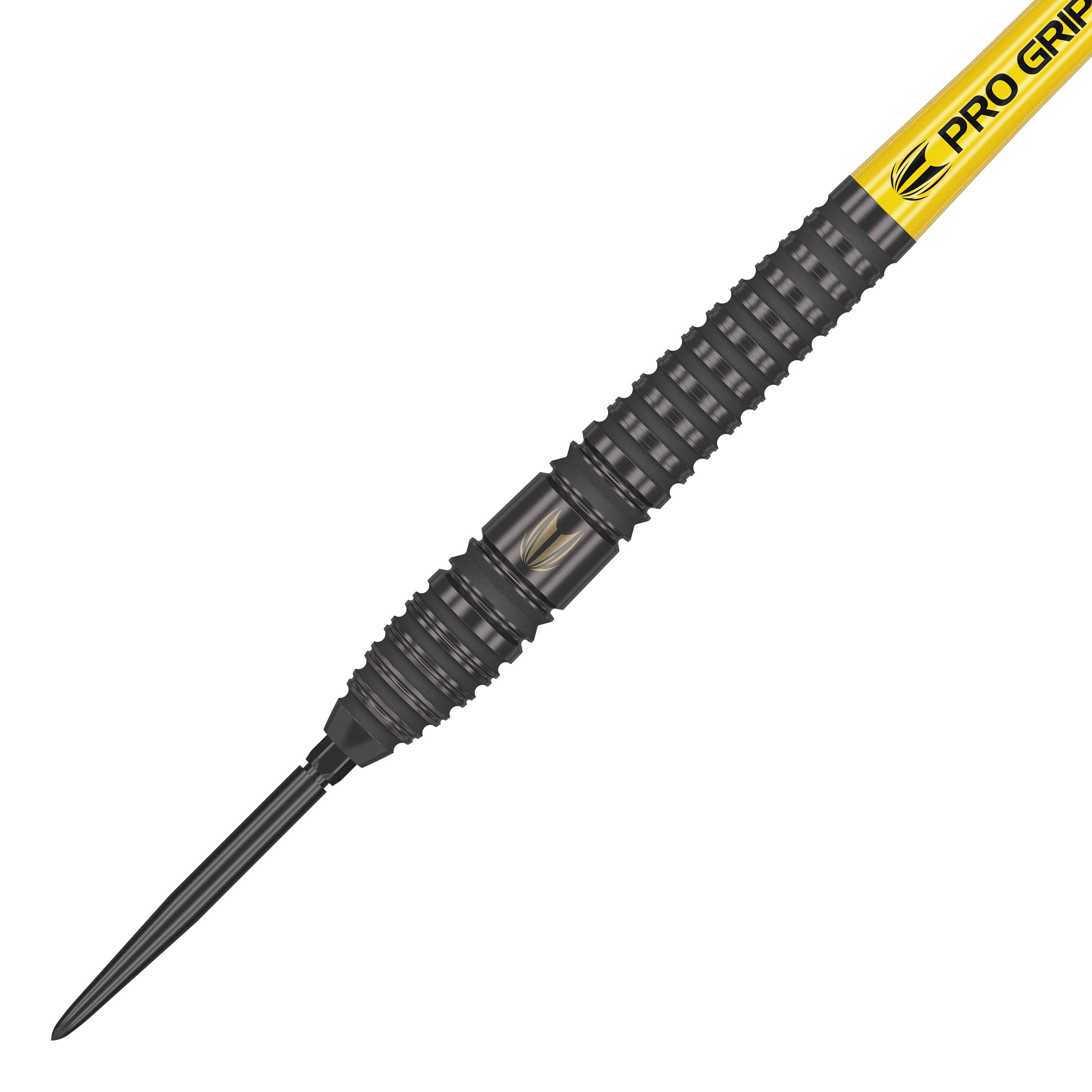 Dardos de acero Target Bolide Void 03 Swiss Point Das Bild zeigt den Target Bolide Void 03 Swiss Point Steeldart. Der Dartpfeil hat ein schwarzes, geriffeltes Barrel und eine gelbe Pro Grip Spitze.