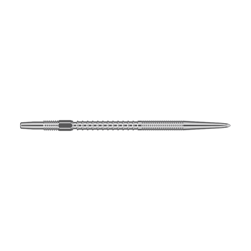 Puntas de dardos Target Swiss Firepoint Silver Das Bild zeigt eine silberne Dartspitze mit einem gerillten, strukturierten Design. Sie ist lang und schmal, mit einer spitzen Spitze am rechten Ende.