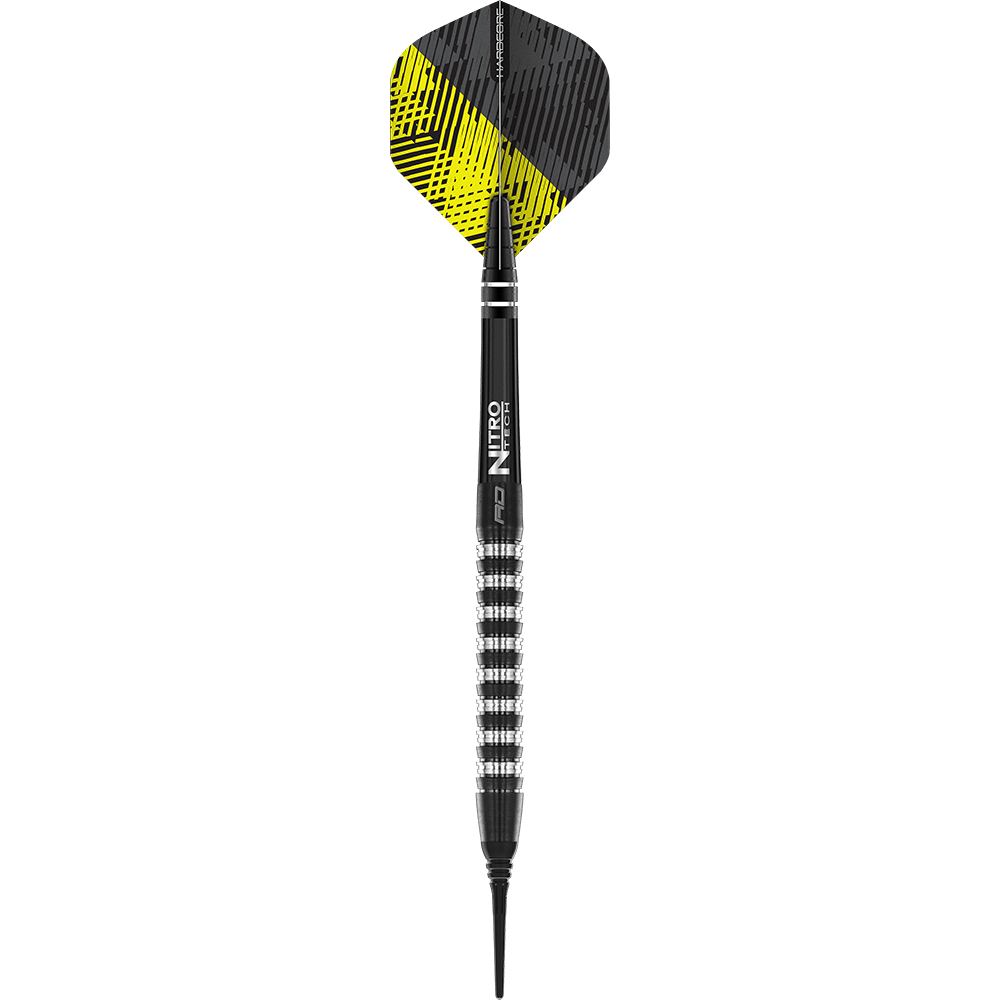 Das Bild zeigt einen Red Dragon Razor Edge Elite Softdart mit einem Gewicht von 20 Gramm. Der Dartpfeil hat ein schwarzes und silbernes Design mit einem strukturierten Griff.