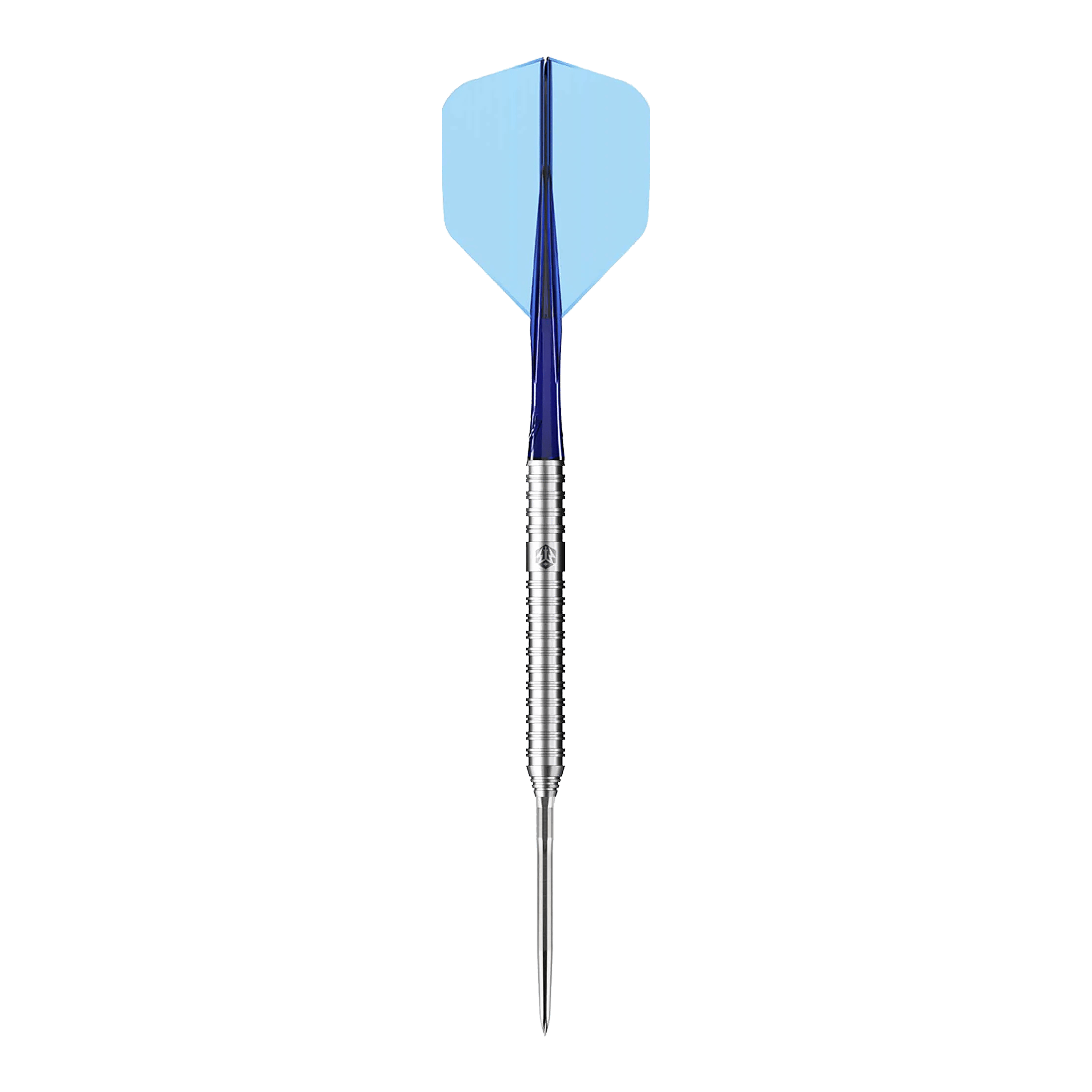 Dardos de acero Caliburn Forge F3 - 22 g Das Bild zeigt einen Caliburn Forge F3 Steeldart mit einem Gewicht von 22 Gramm. Der Dart hat einen silbernen Schaft, einen blauen Flight und eine spitze Metallspitze.