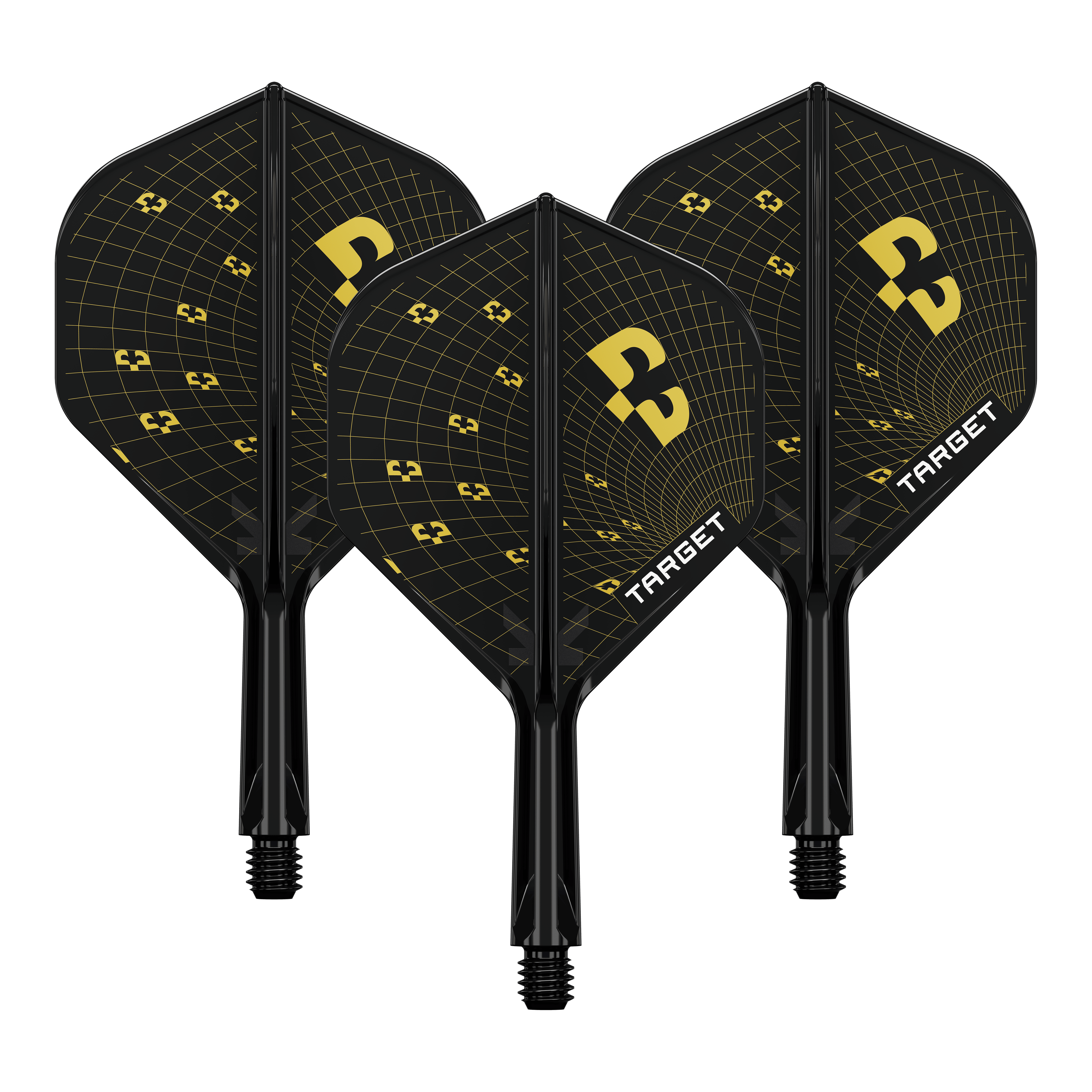 Abgebildet ist ein Set von Target K-Flex Bolide No2 Standard Flights mit einer Länge von 19mm. Das Produkt wird in einer Nahaufnahme gezeigt.