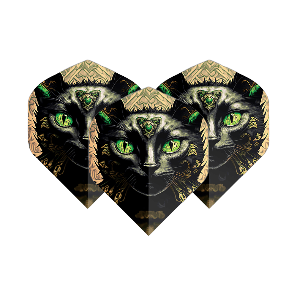 Vuelos de pentatlón Cat Das Bild zeigt drei Dart-Flights mit einem kunstvollen Katzengesicht und leuchtend grünen Augen. Die Flights heißen "Pentathlon Katze No2 Standard Flights".