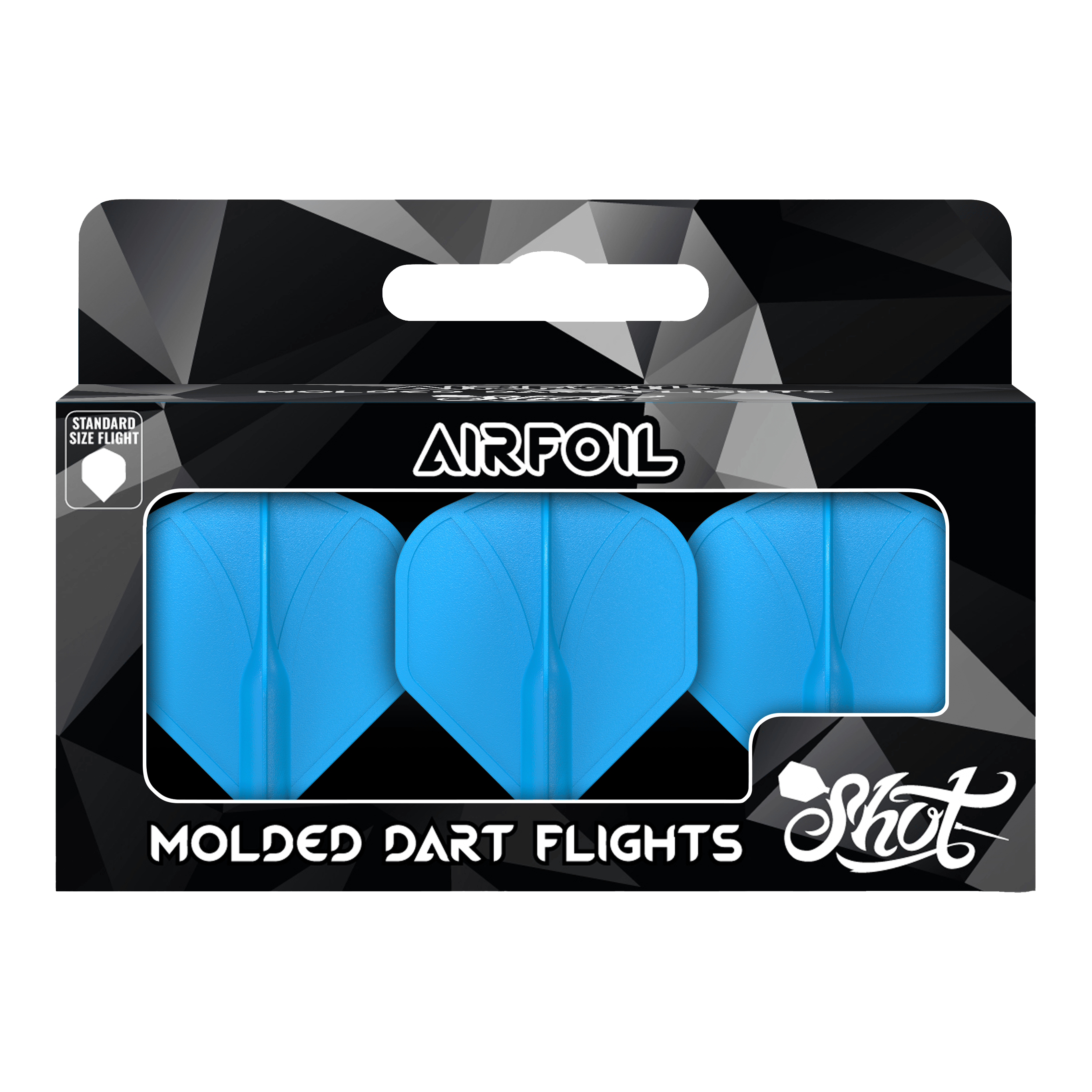 Perfil aerodinámico moldeado No2 Vuelos estándar Das Bild zeigt eine Packung mit drei blauen, geformten Dart-Flights der Marke Shot. Auf der Verpackung steht "Airfoil" und "Molded Dart Flights".